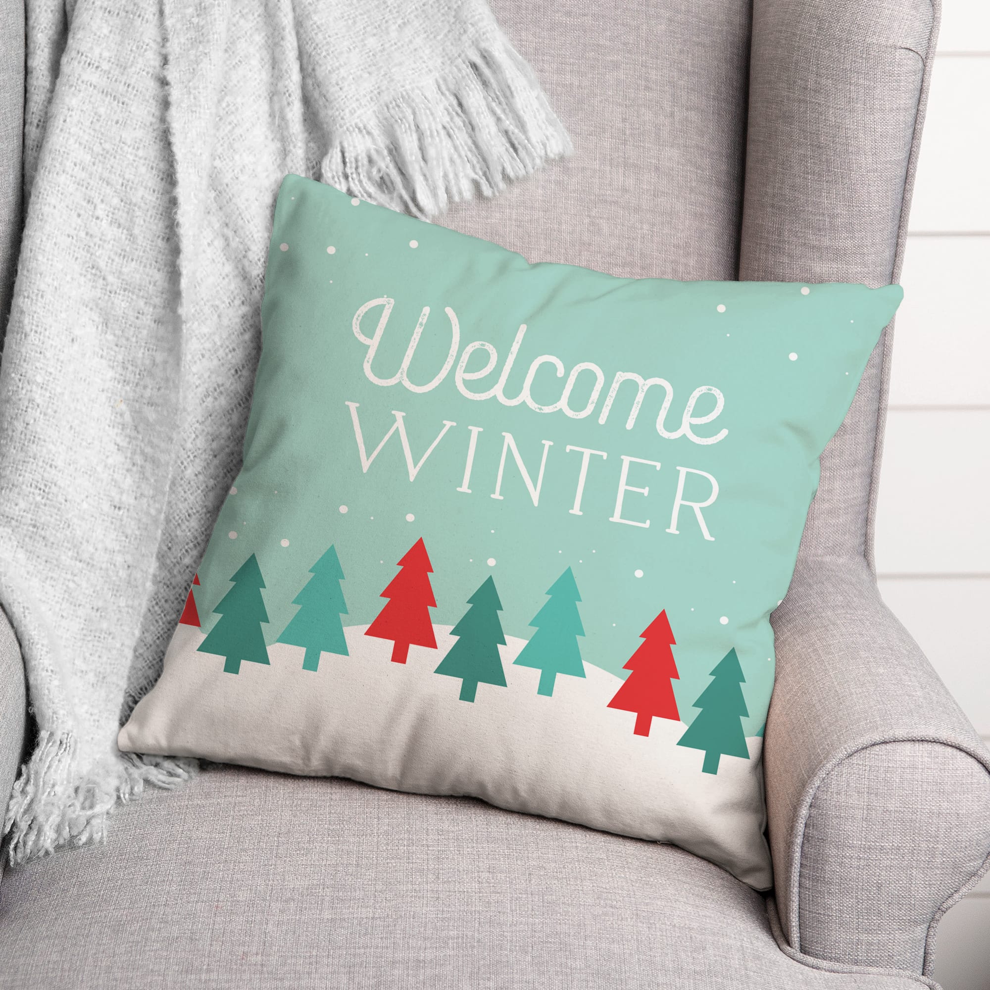 Welcome Winter Retro Forest 18x18 Throw Pillow