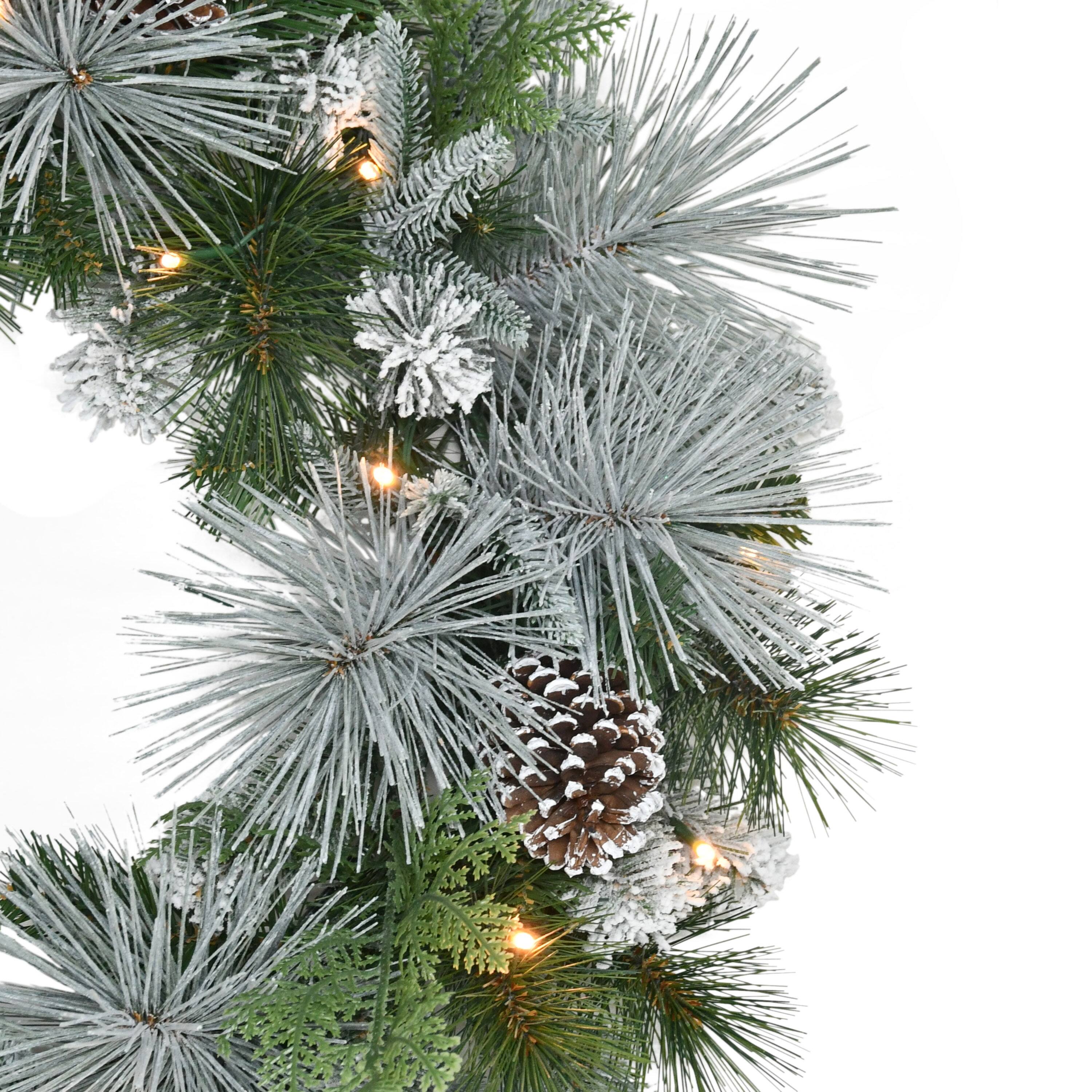 24" Pre-Lit Green Flocked Artificial Wreath with Pinecones