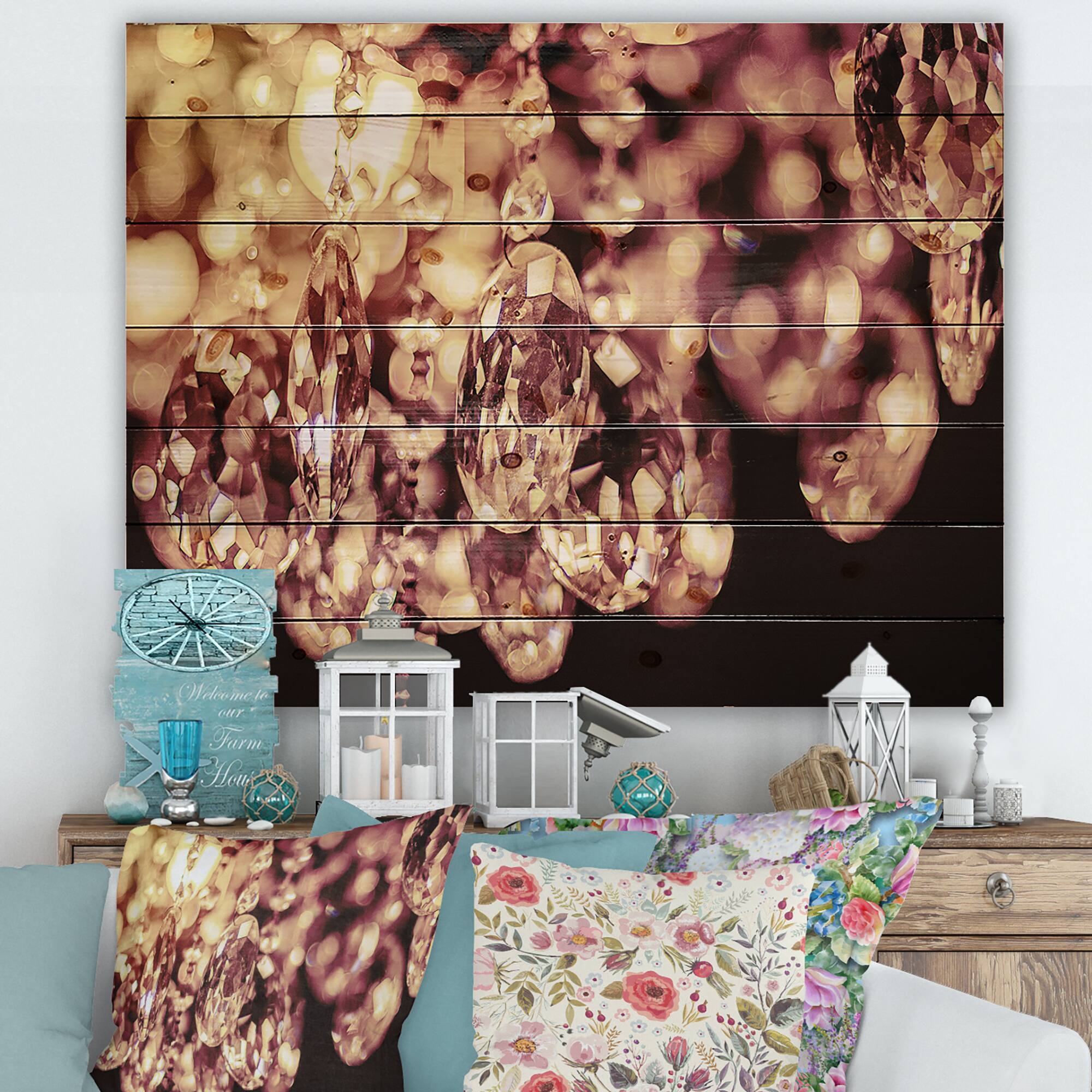 Designart - Bright Chandelier With Chrystak Hanging - Modern Print on Natural Pine Wood