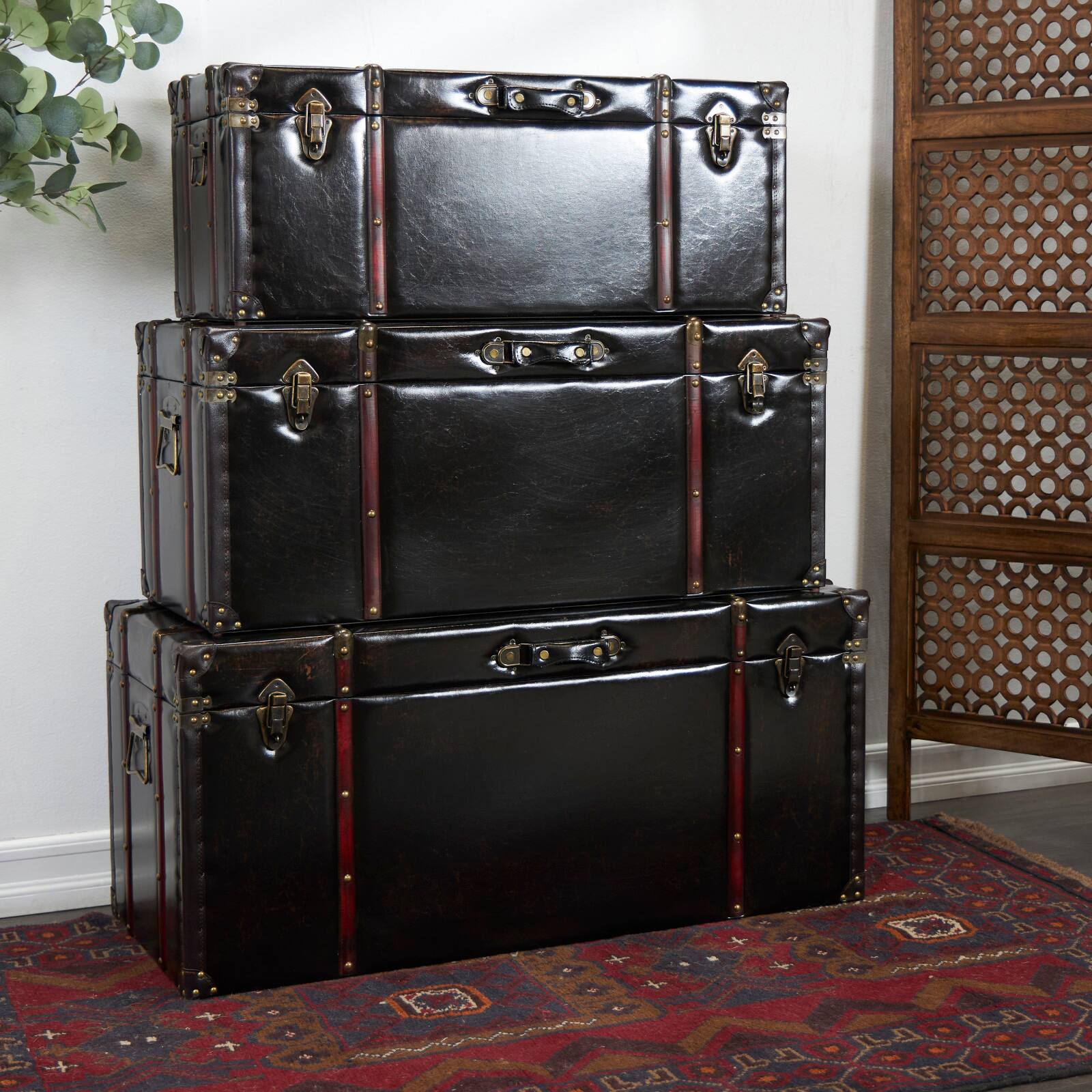 Dark Brown Faux Leather Studded Trunk with Latches &#x26; Handles Set