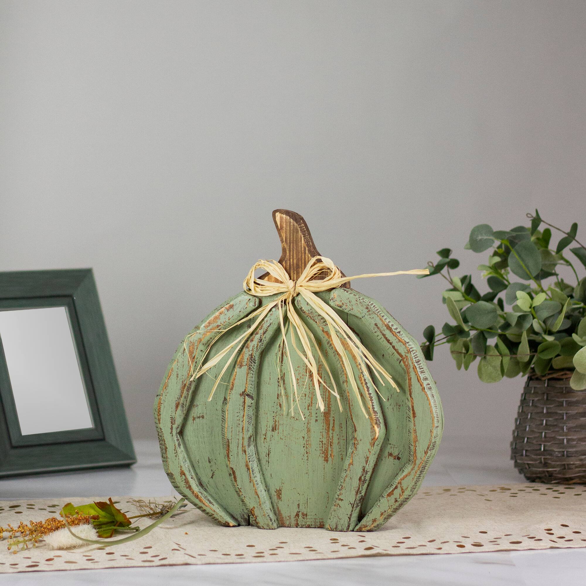 12" Green Distressed Fall Pumpkin Decoration