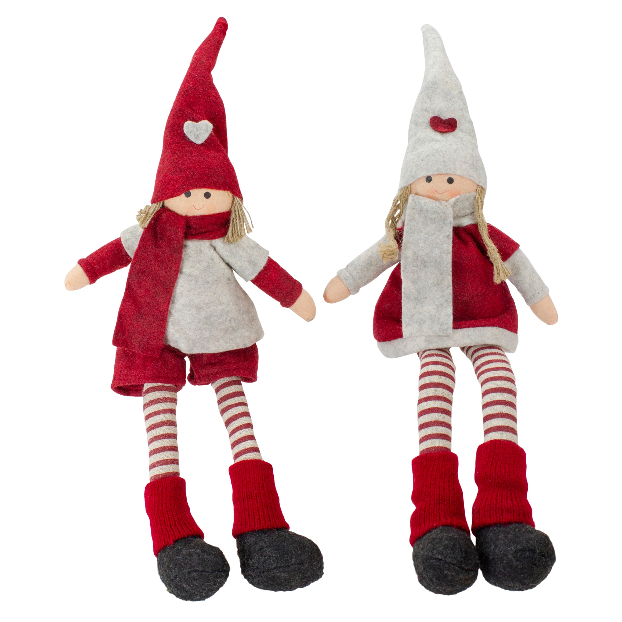 19" Plush Red & Beige Boy & Girl Sitting Christmas Doll Decoration Set