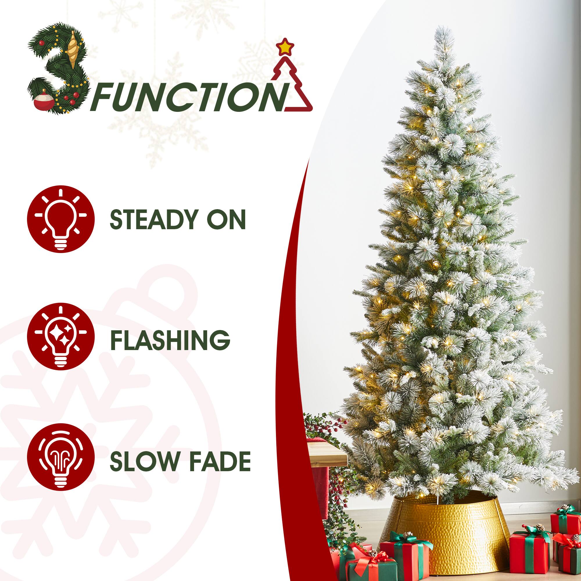Glitzhome&#xAE; 7.5ft Pre-Lit Flocked Slim Pine Artificial Christmas Tree, Warm White LED Lights