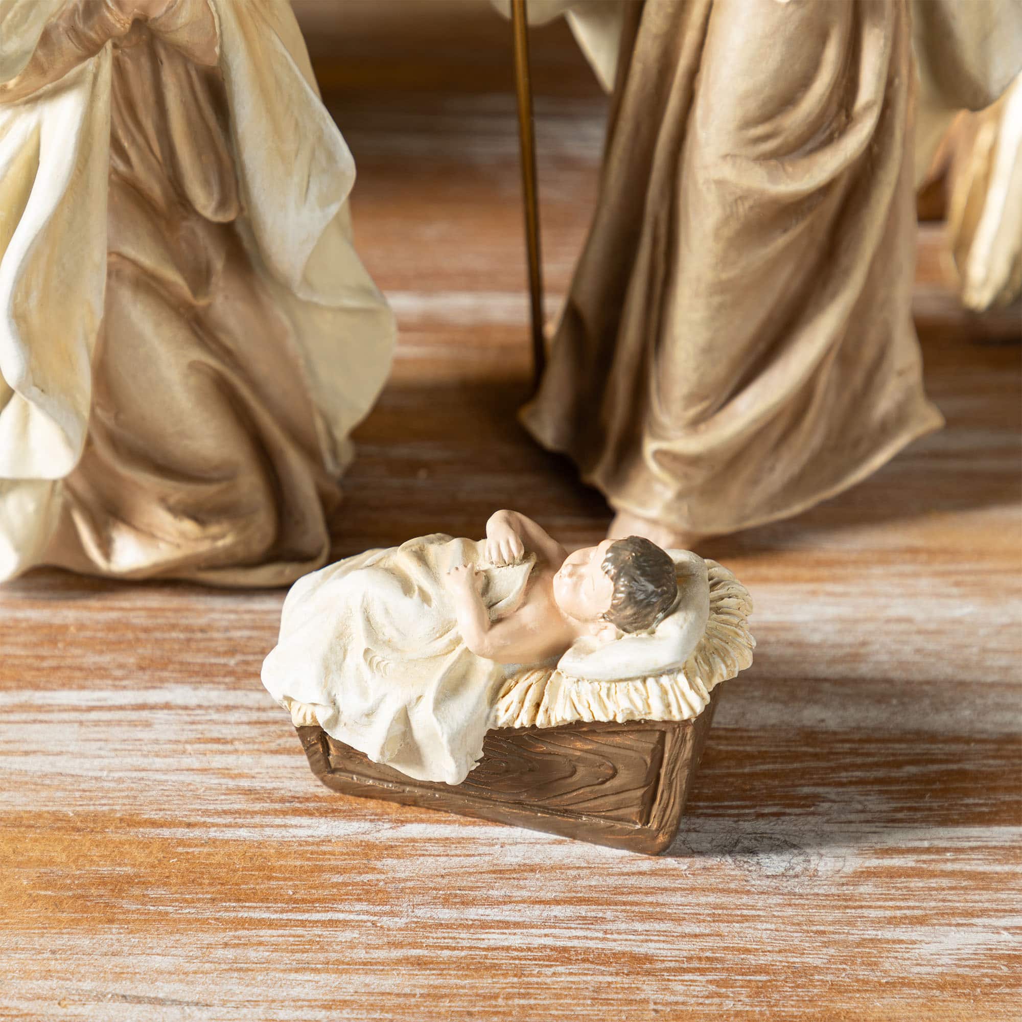 Glitzhome&#xAE; 5-Piece Gold Resin Holy Family with Christmas Trees Set