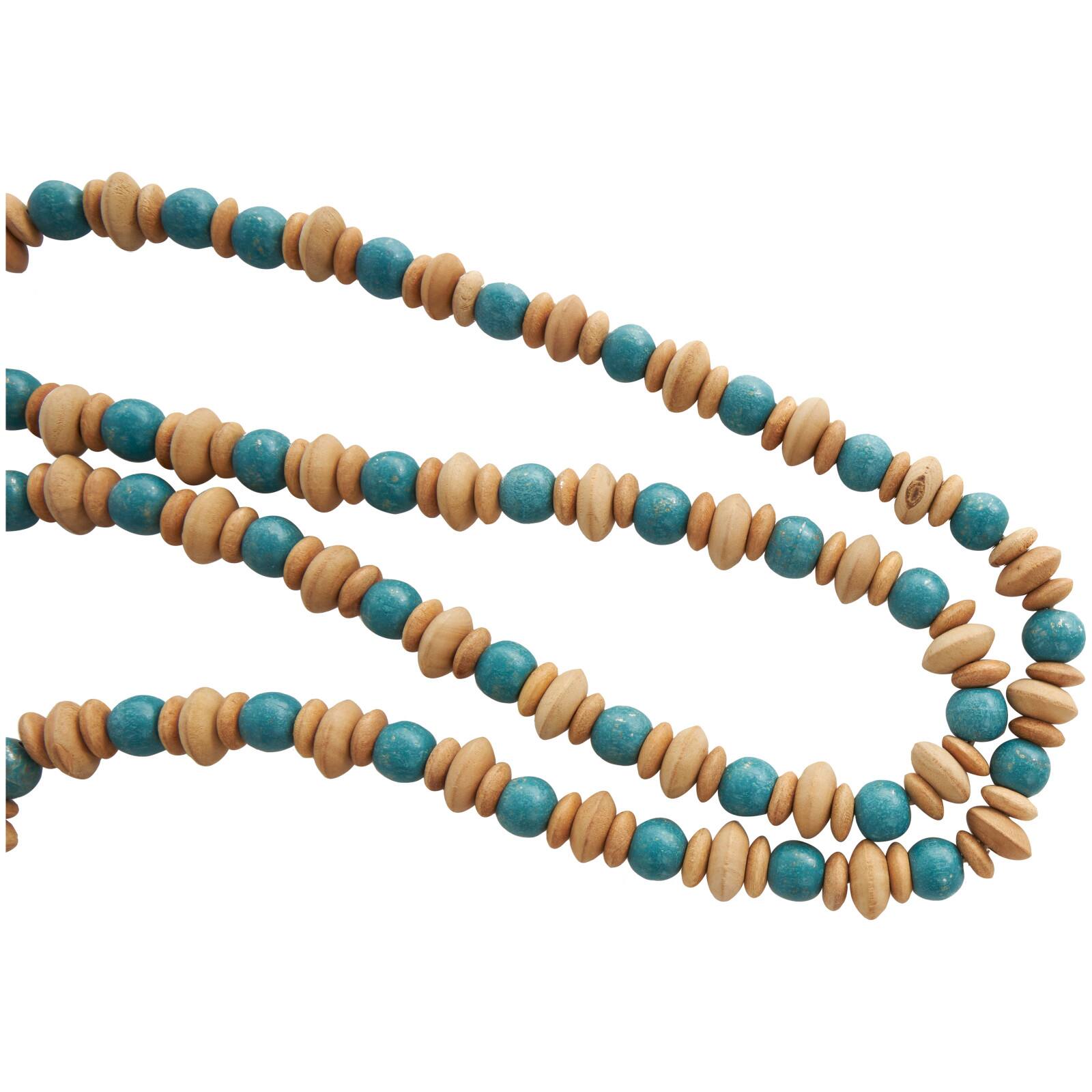 7ft. Teal Mango Wood Handmade Round Long Carved Beaded Garland with Tassel