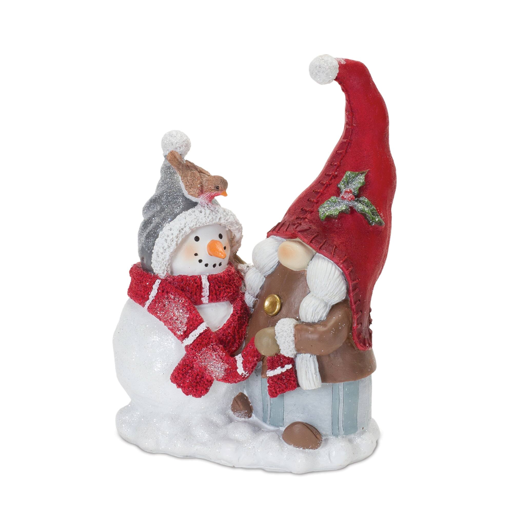 Gnome Figurine with Snowman and Pine Tree Set