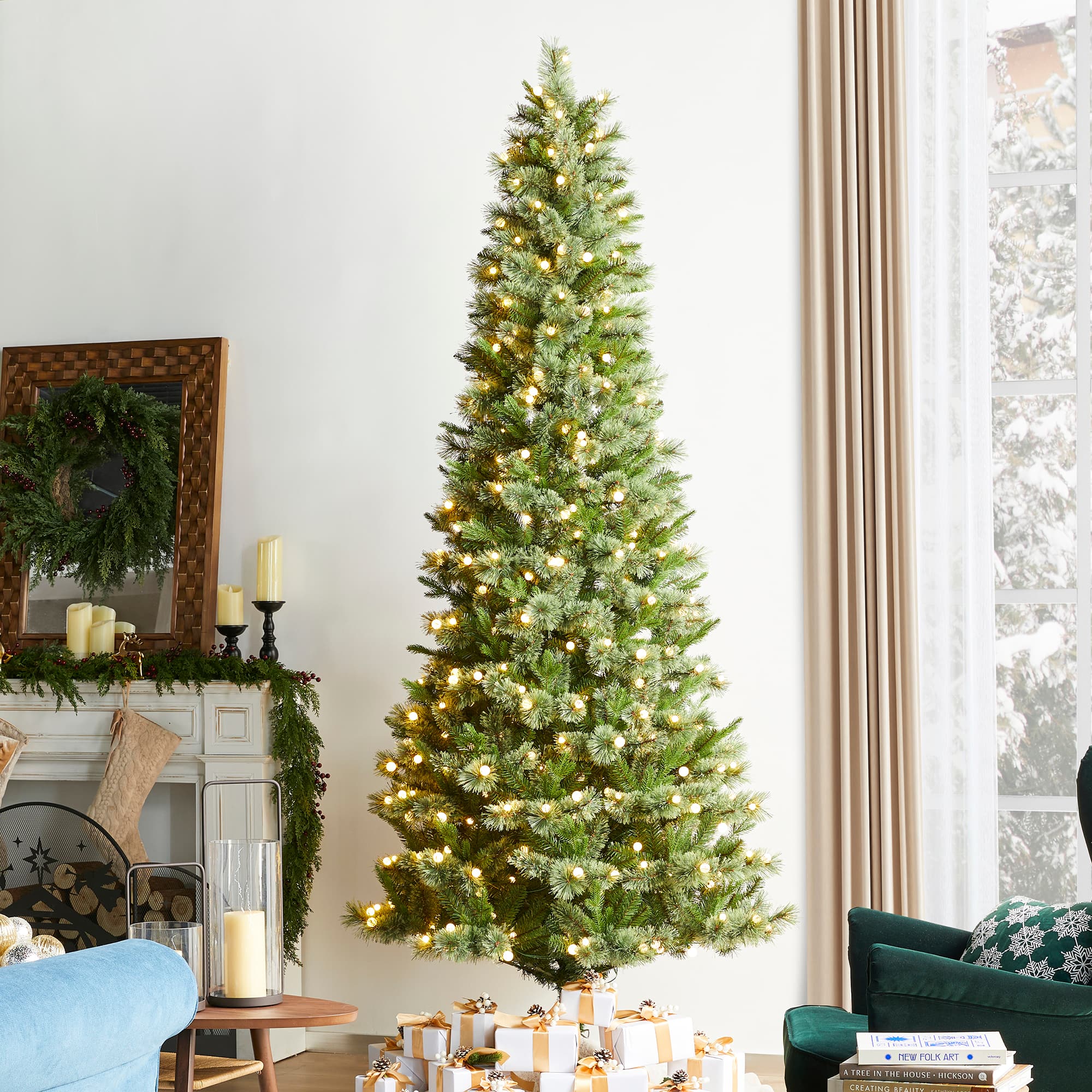 Glitzhome&#xAE; 9ft Pre-Lit Green Cashmere Slim Pine Artificial Christmas Tree, Multicolor LED Lights