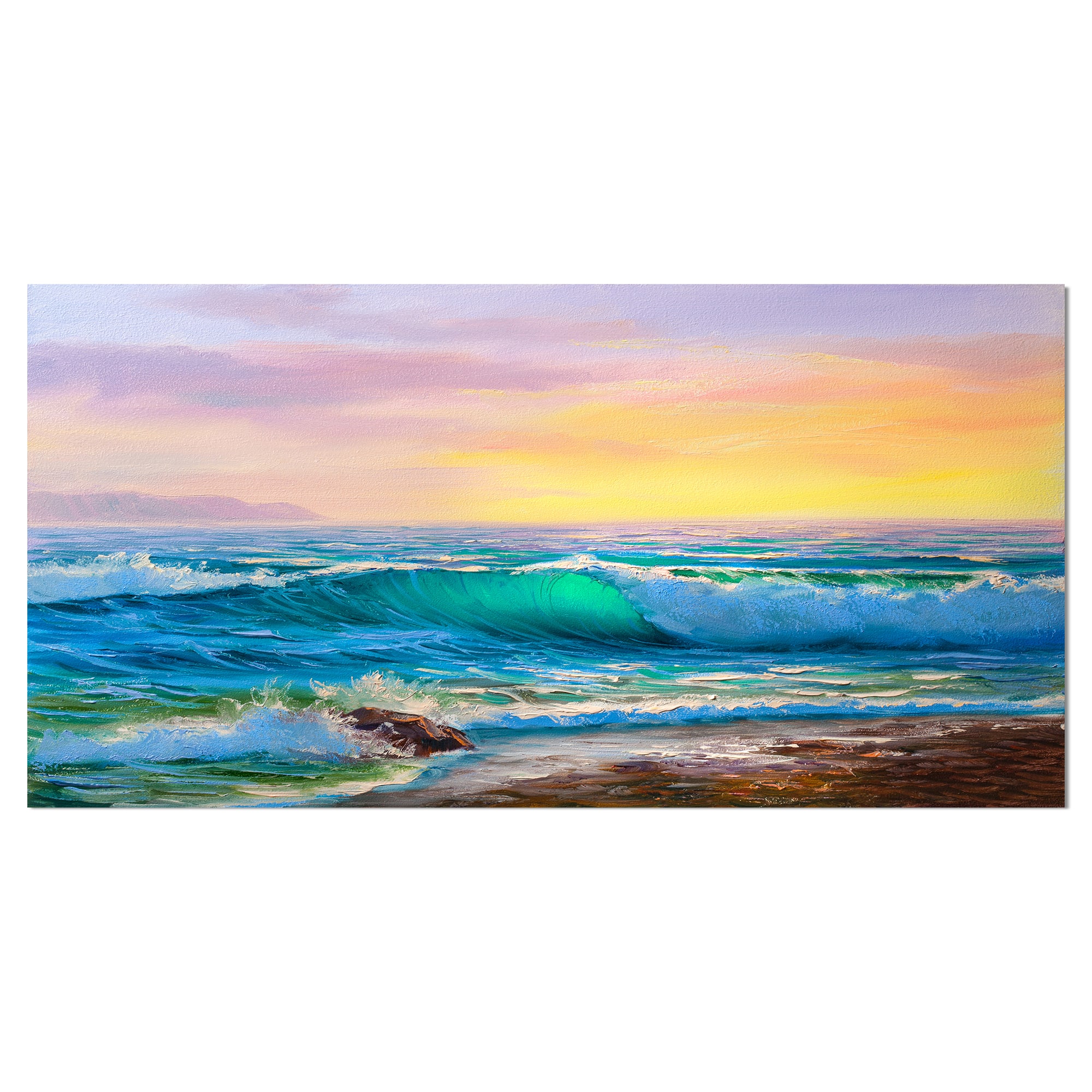 Designart - Sunsets over ocean waves - Sea &#x26; Shore Painting Print on Wrapped Canvas