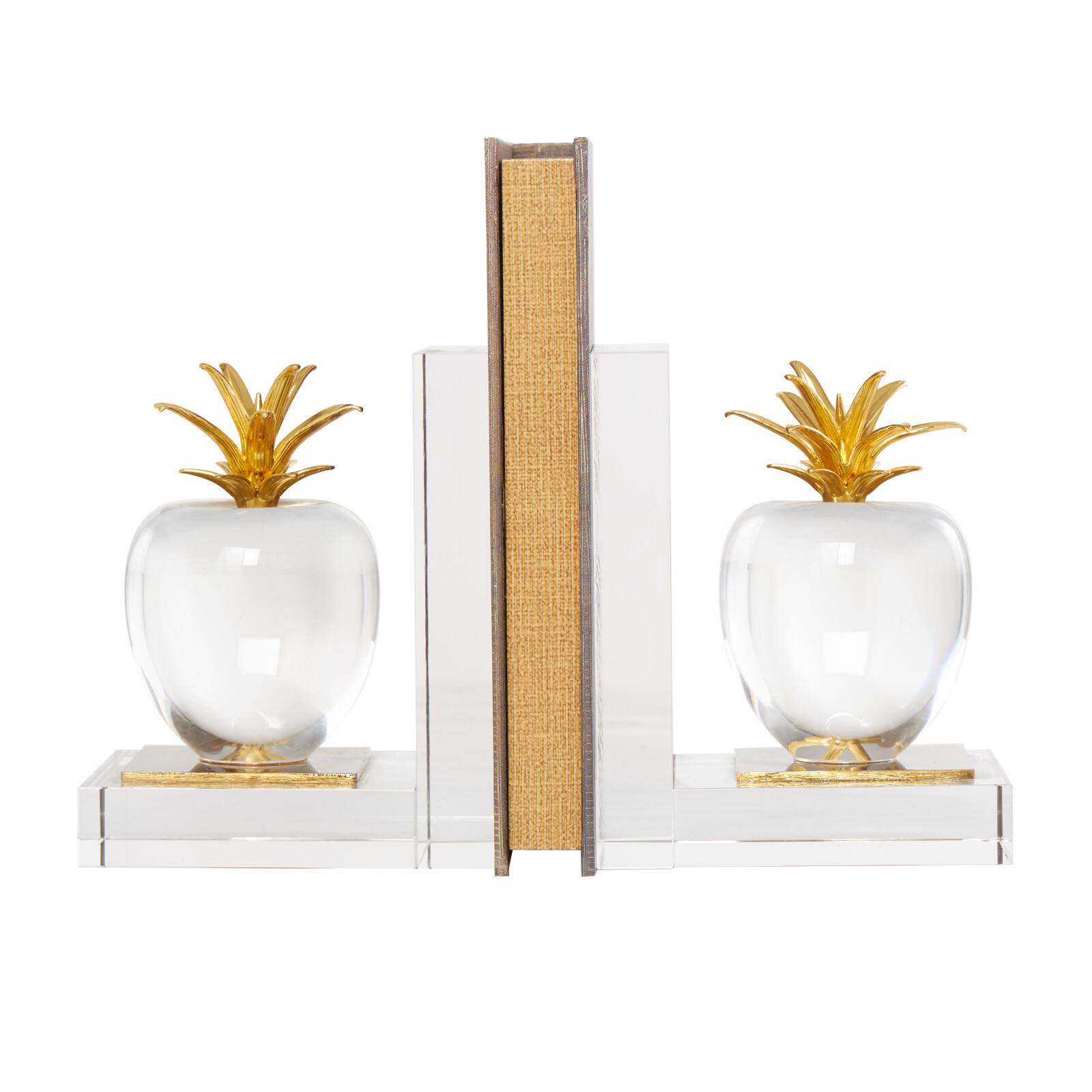 6" Clear Crystal Fruit Apple Bookends with Gold Leaves Set