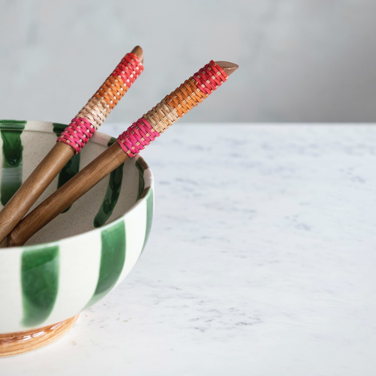 Hello Honey® 12" Teakwood Kitchen Salad Servers with Rattan Wrapped Handles & Drawstring Bag