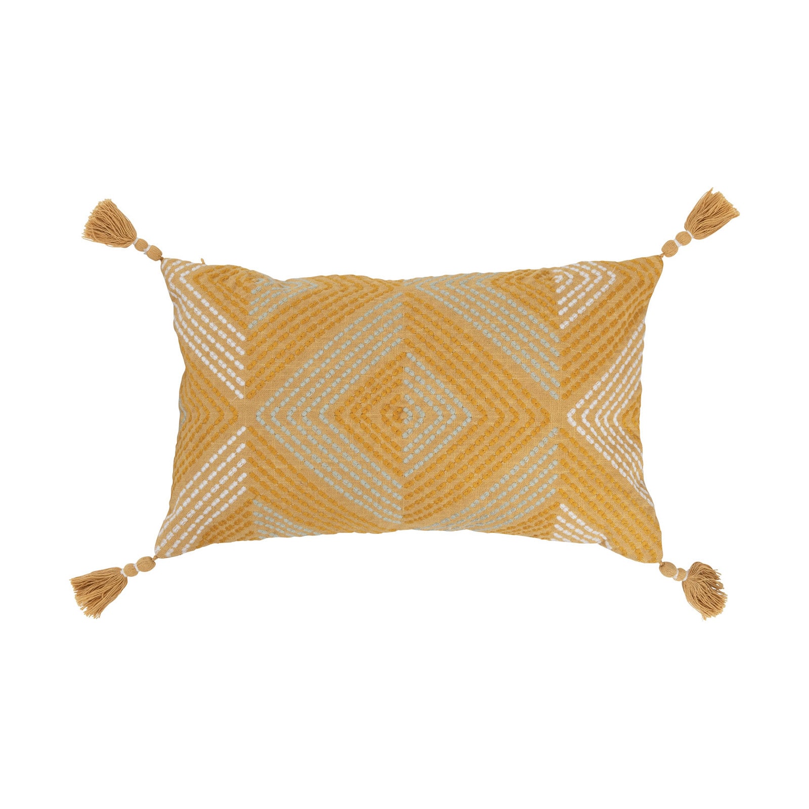 Hello Honey&#xAE; Mustard Embroidered Cotton Lumbar Pillow with Tassels