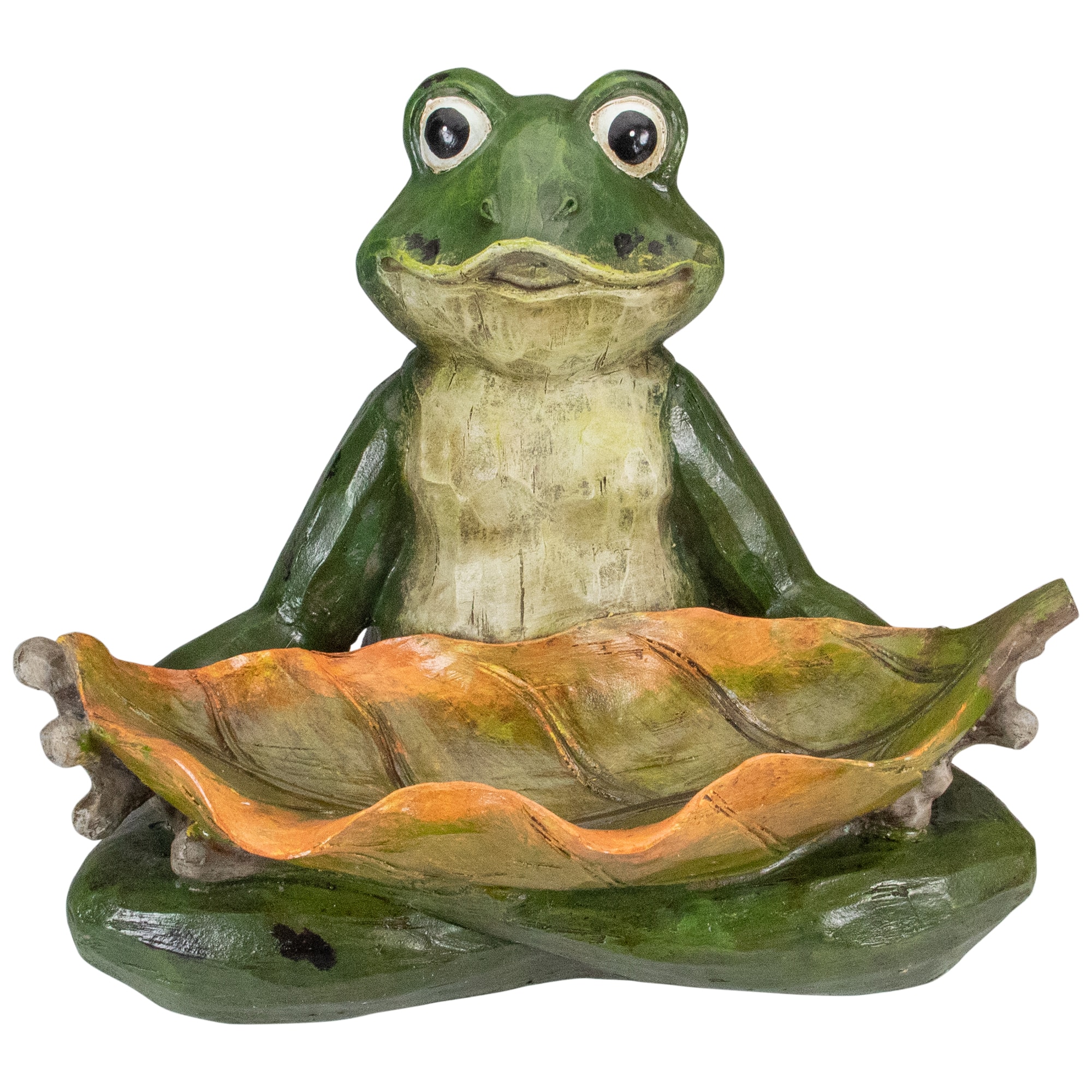 14&#x22; Green Frog With Leaf Birdfeeder Outdoor Garden Statue