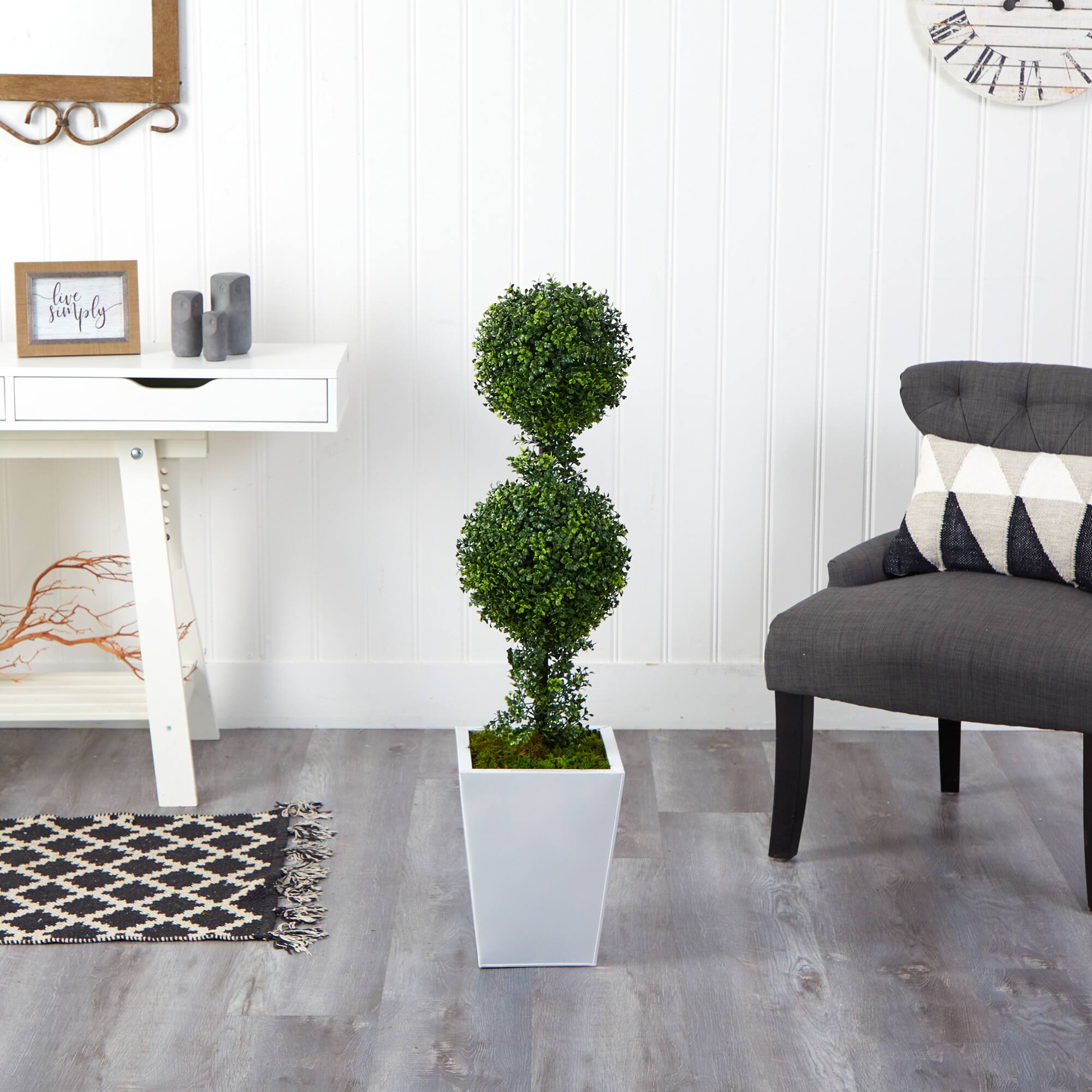 3.5ft. Boxwood Double Ball Topiary Artificial Tree in White Metal Planter(Indoor/Outdoor)
