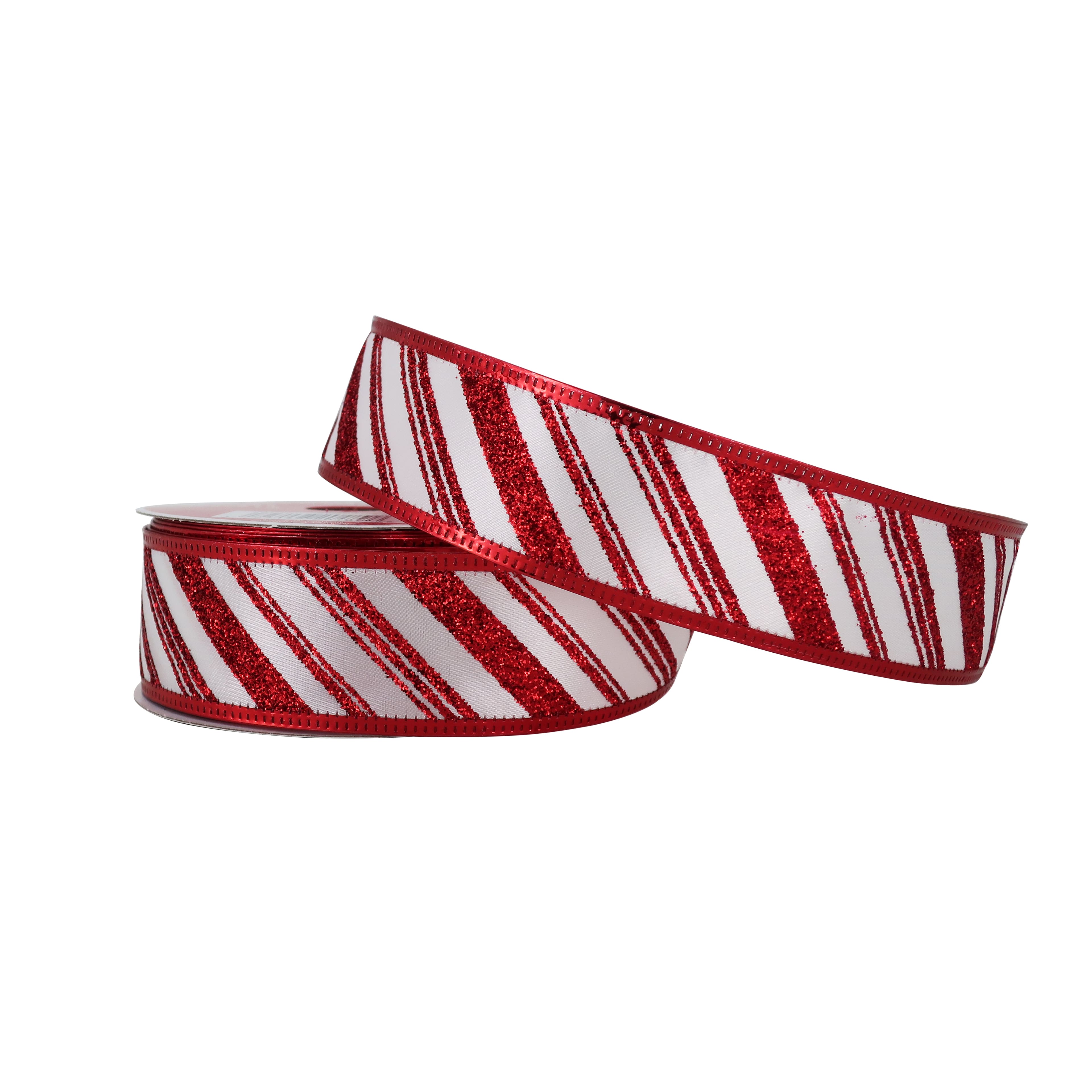 1.5&#x22; x 30ft. Red &#x26; White Striped Wired Taffeta Glitter Ribbon by Celebrate It&#xAE; Christmas