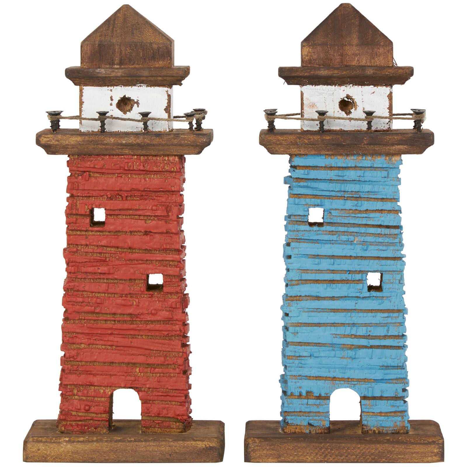 10&#x22; Red &#x26; Blue Wood Light Housee Sculpture Set