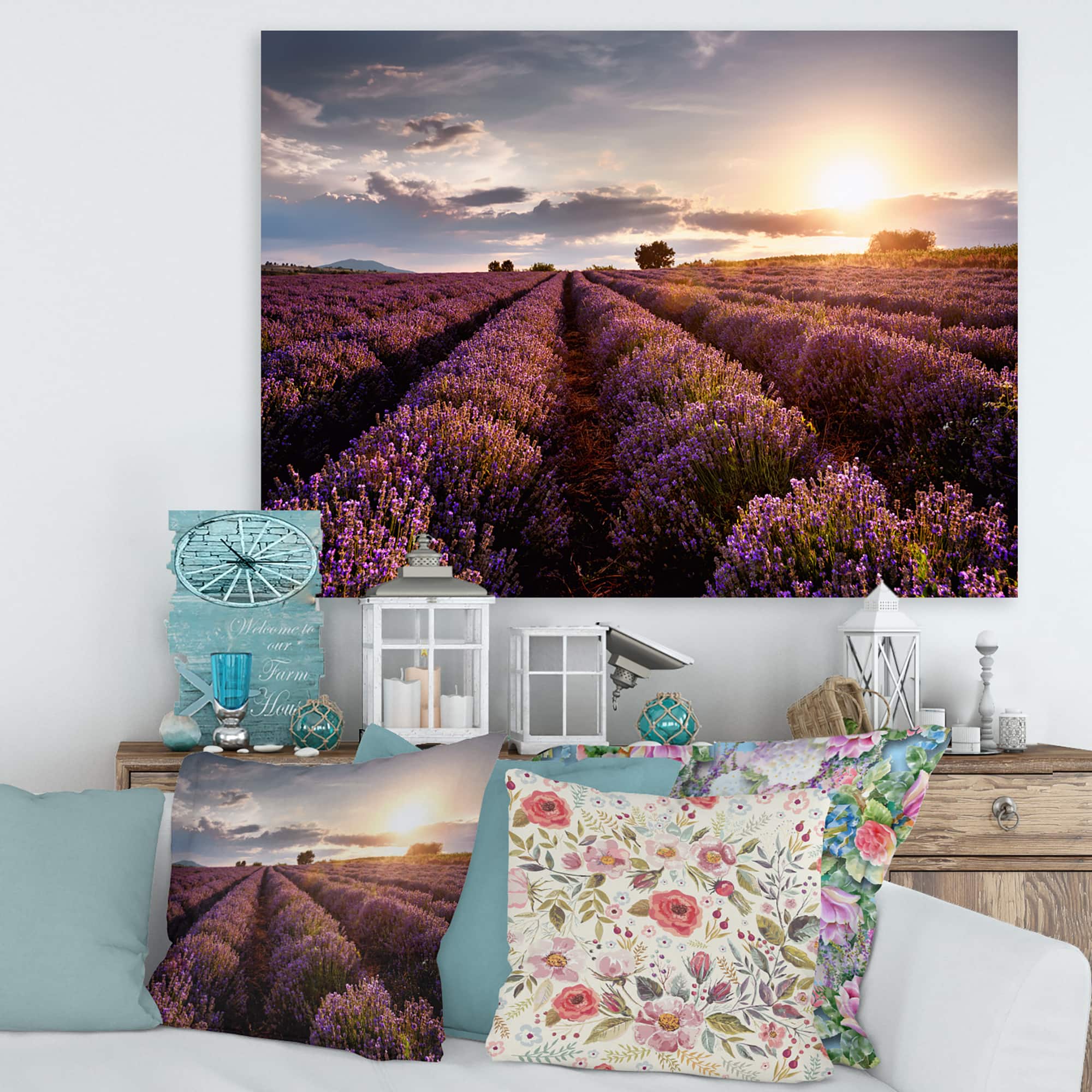 Designart - Sunrise &#x26; Dramatic Clouds Over Lavender Field V - Farmhouse Canvas Wall Art Print