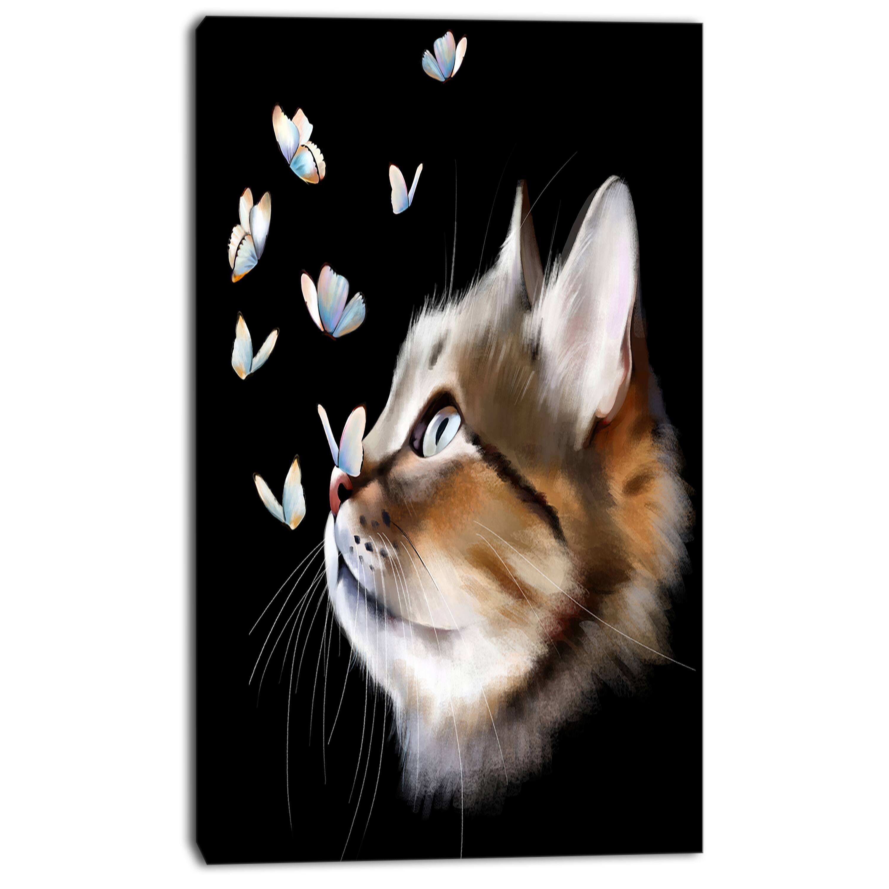 Designart - Cat with Butterflies on Black - Animal Canvas Art Print