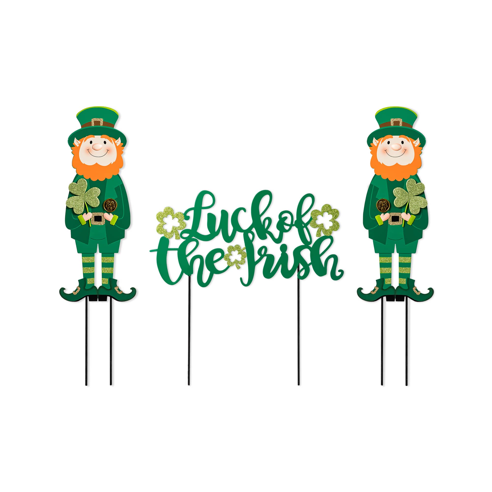 Glitzhome&#xAE; 26&#x22; St. Patrick&#x27;s Metal Leprechaun &#x26; Luck of the Irish Yard Stake Set