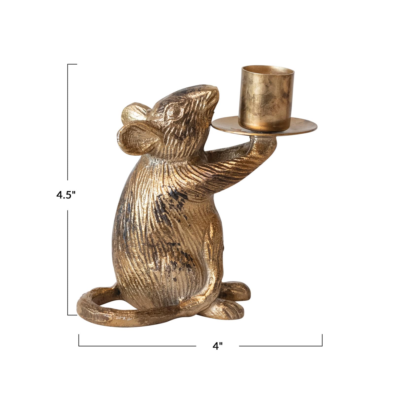 Hello Honey&#xAE; 4.5&#x22; Antique Gold Finish Cast Aluminum Mouse Taper Candle Holder
