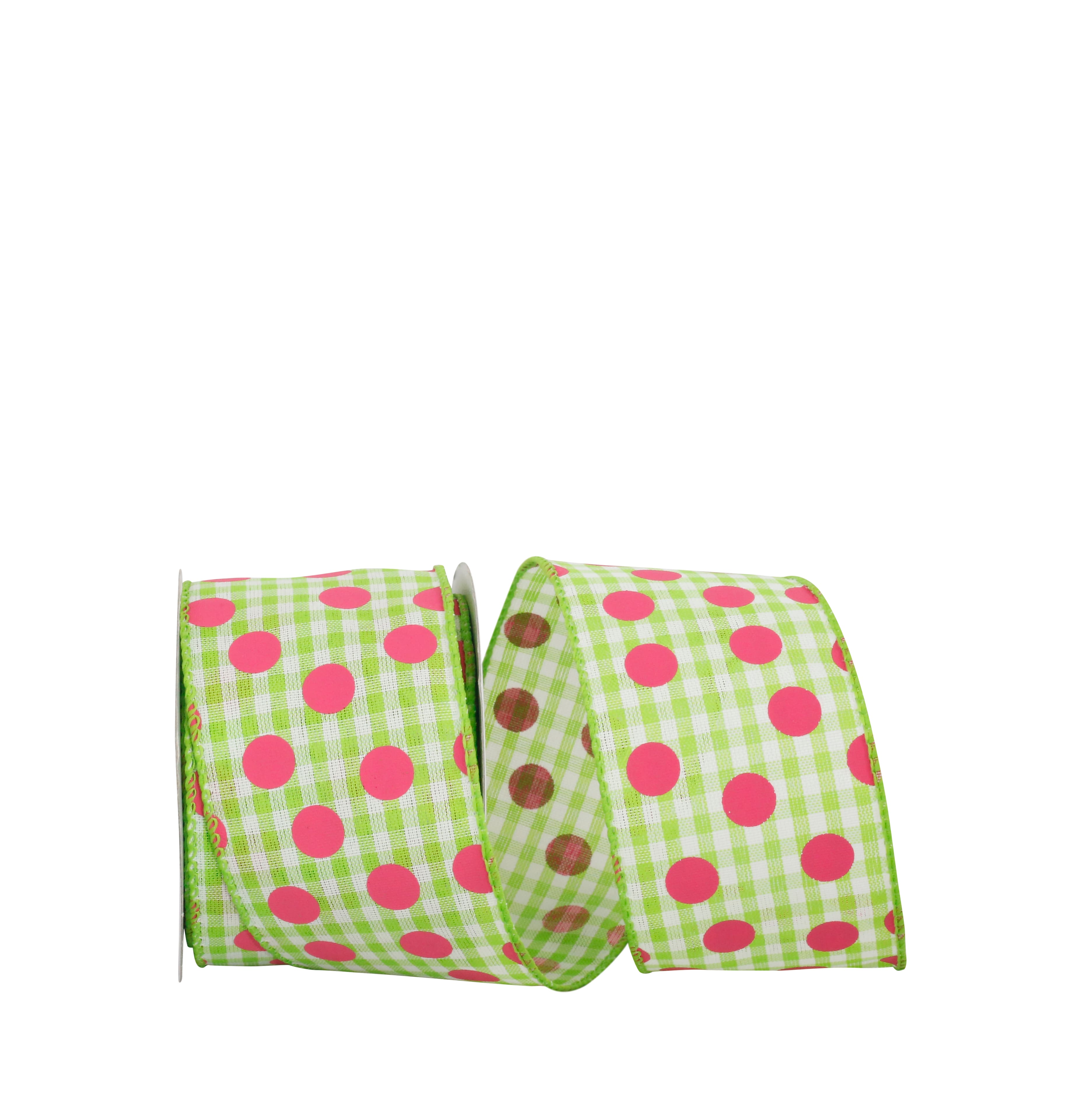 JAM Paper 2.5&#x22; Lime Dots &#x26; Fuchsia Gingham Check Wired Ribbon
