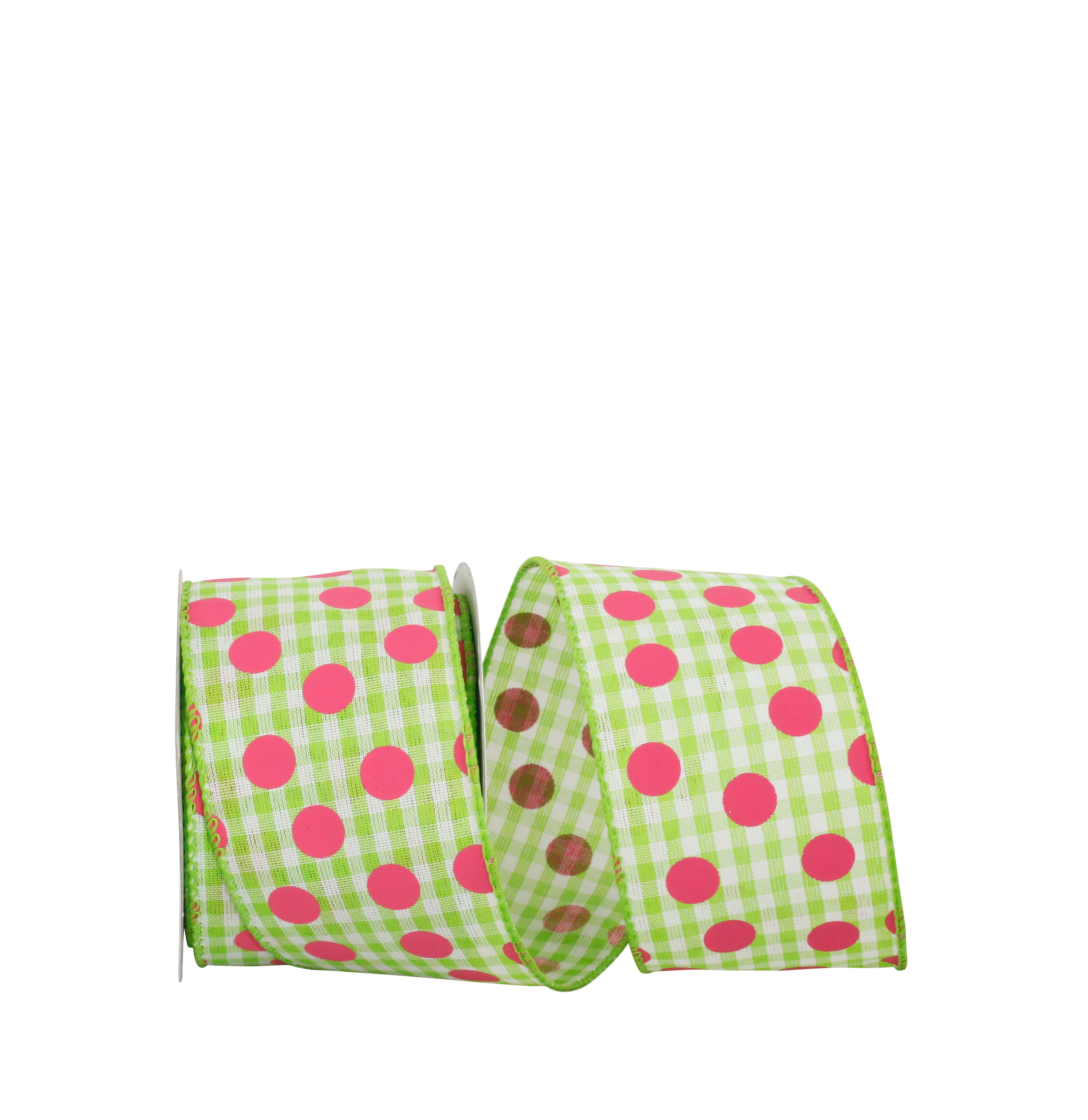 JAM Paper 2.5" x 10yd. Lime Dots & Fuchsia Gingham Check Wired Ribbon