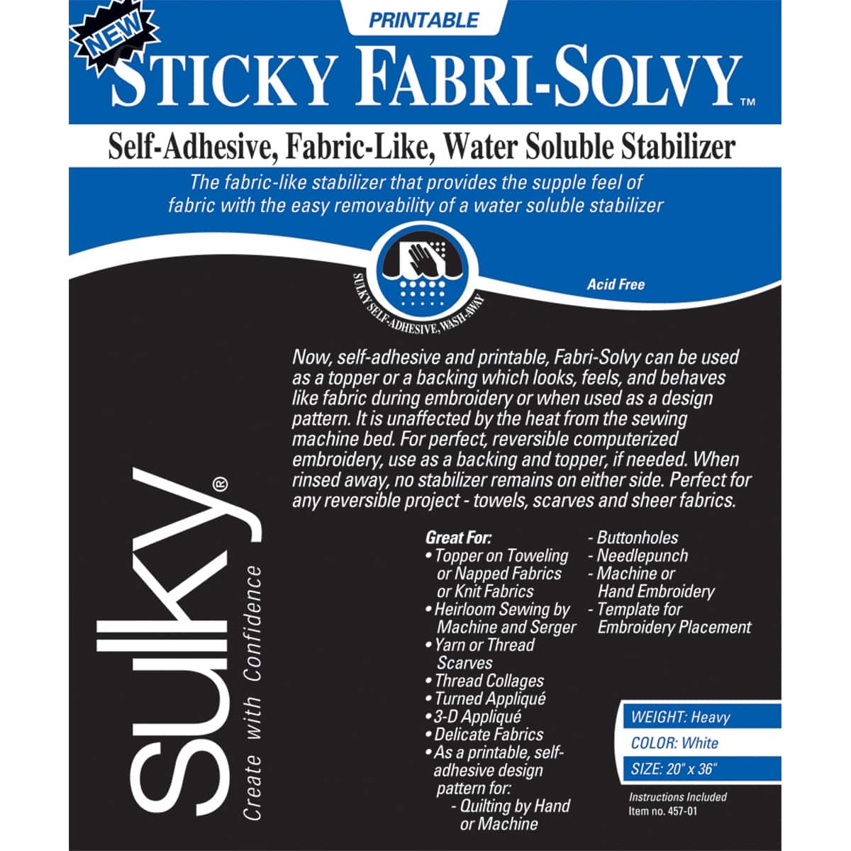 Sulky® Sticky Fabri-Solvy™ Printable Water-Soluble Stabilizer, 20 x 36