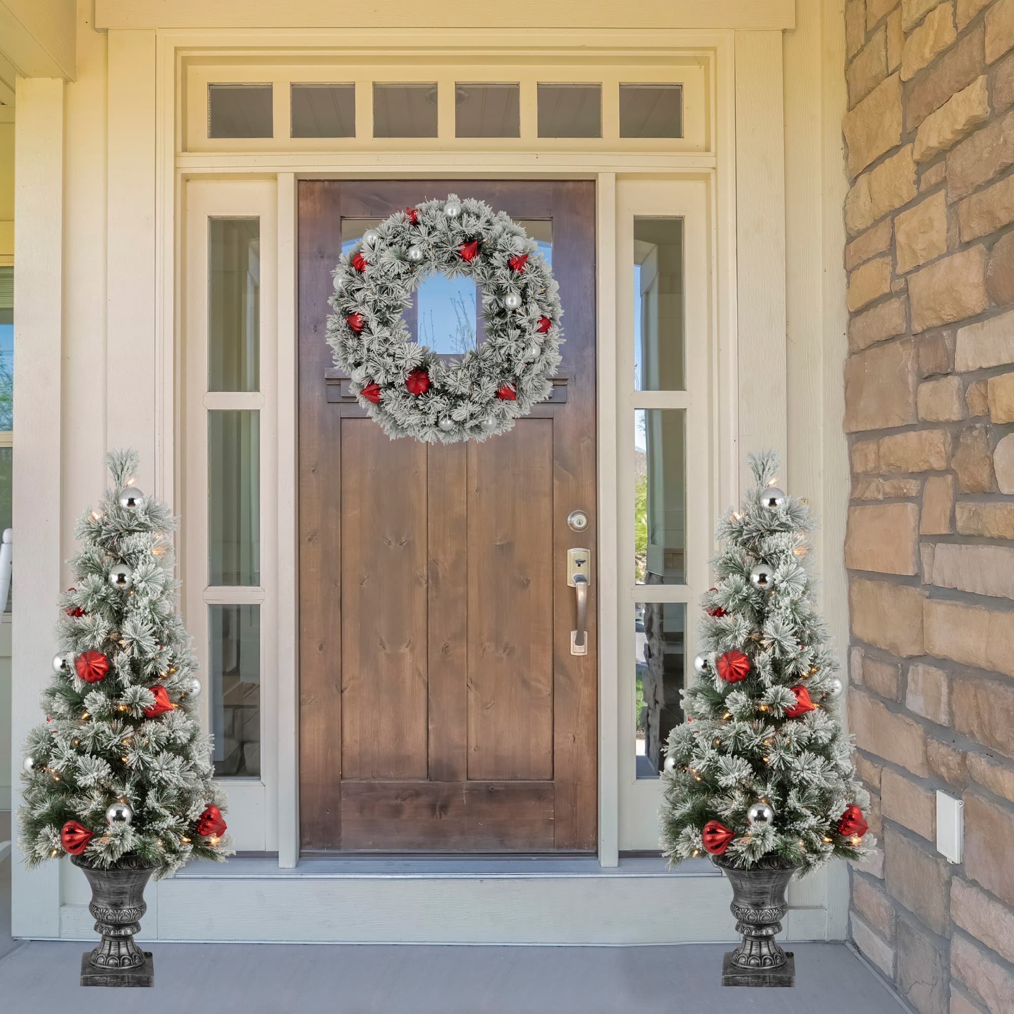 4ft. Pre-Lit Snowy Bristle Pine Flocked Artificial Christmas Tree in Silver Urn, Clear Lights