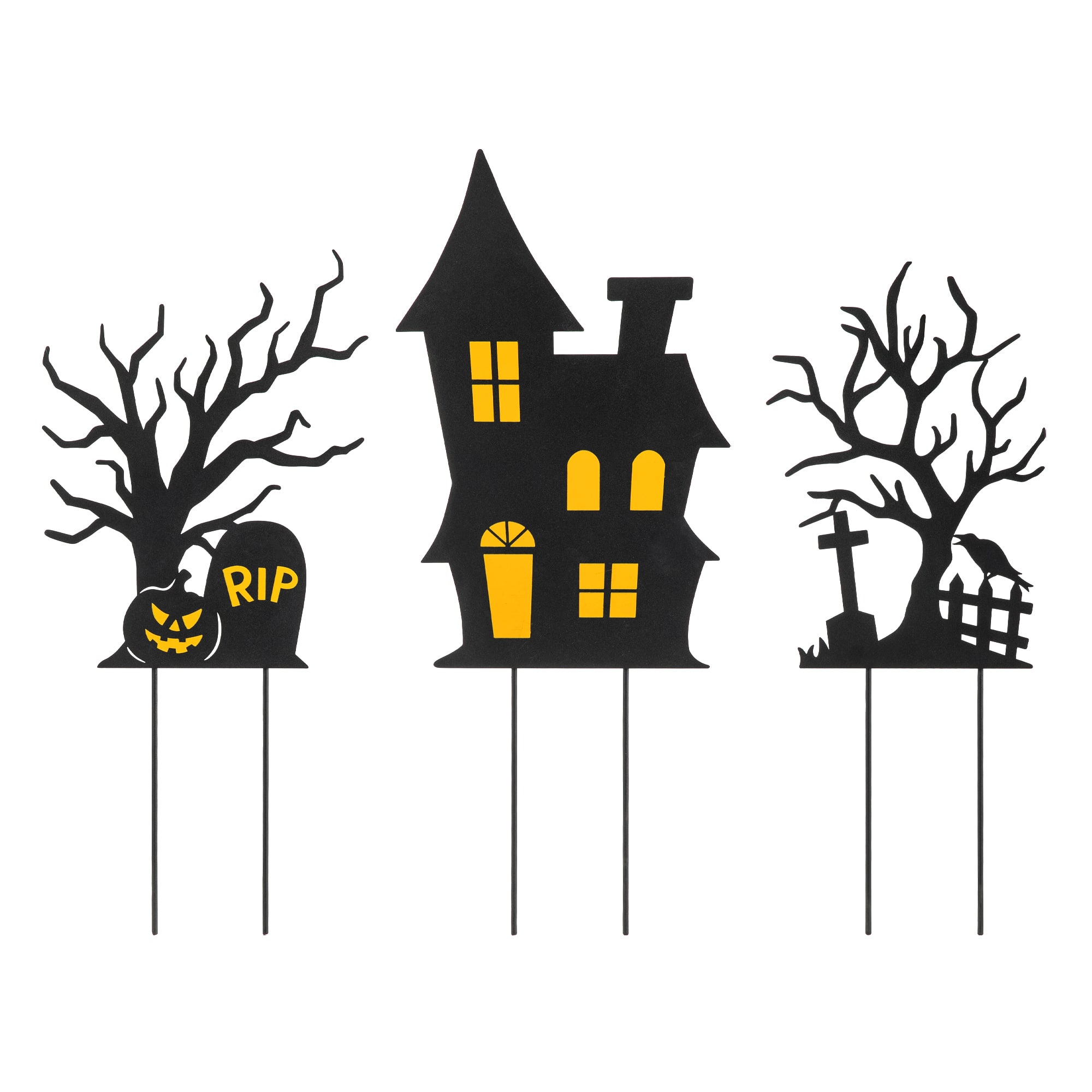 Glitzhome&#xAE; 2ft. Halloween Metal Silhouette Haunted House and Ghost Tree Yard Stake Set
