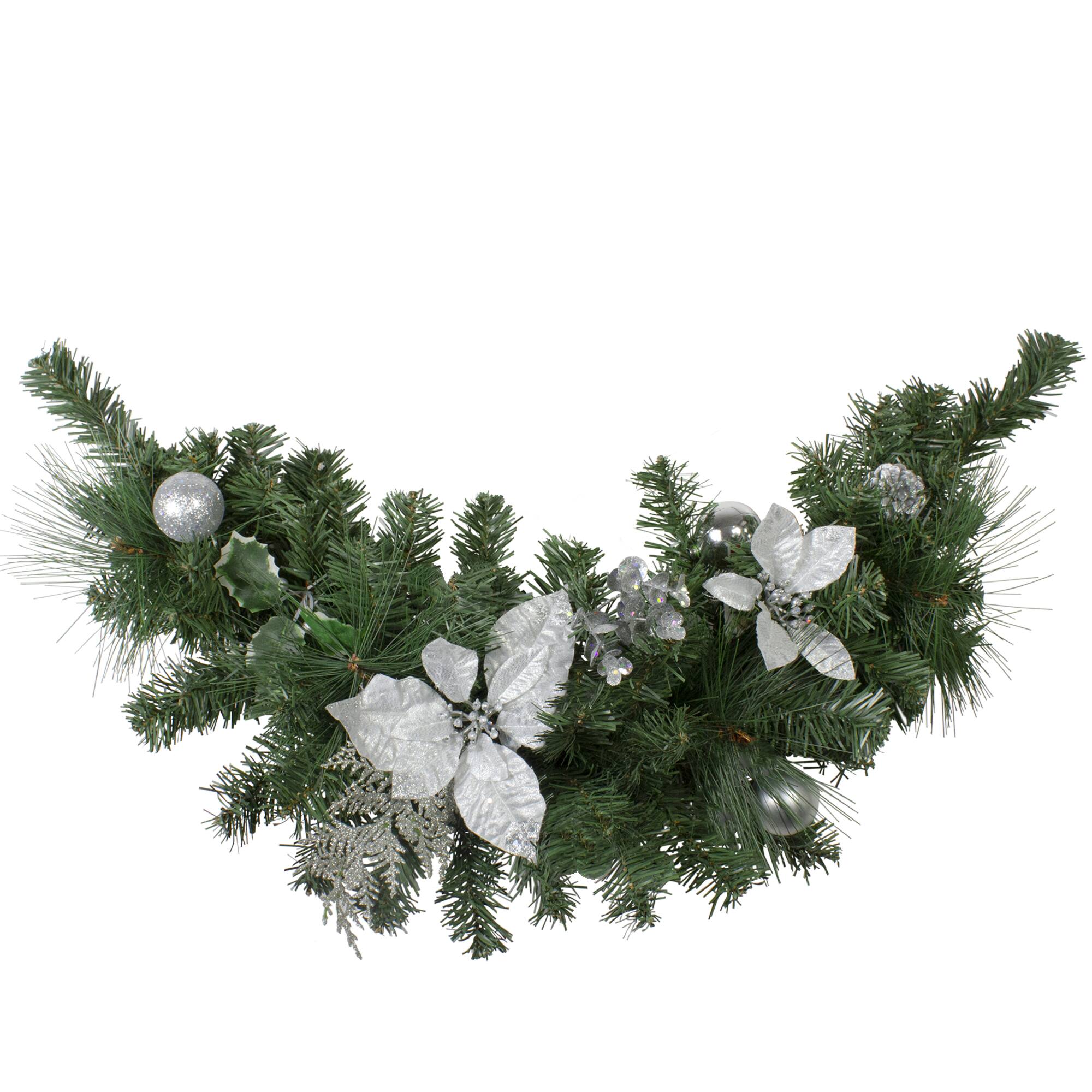 30" Unlit Poinsettia, Pine Cone & Ball Swag, Silver