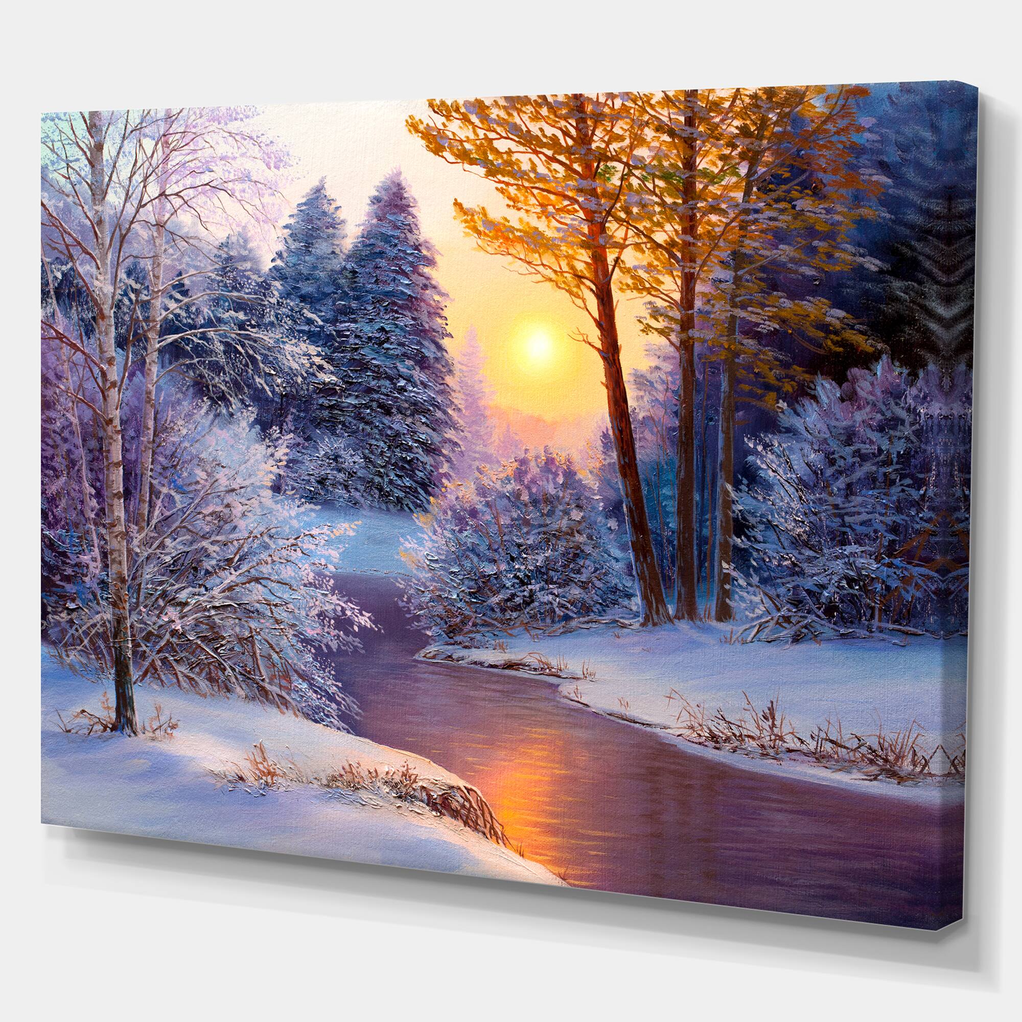 Designart - Winter Forest in River - Landscapes Painting Print on Wrapped Canvas