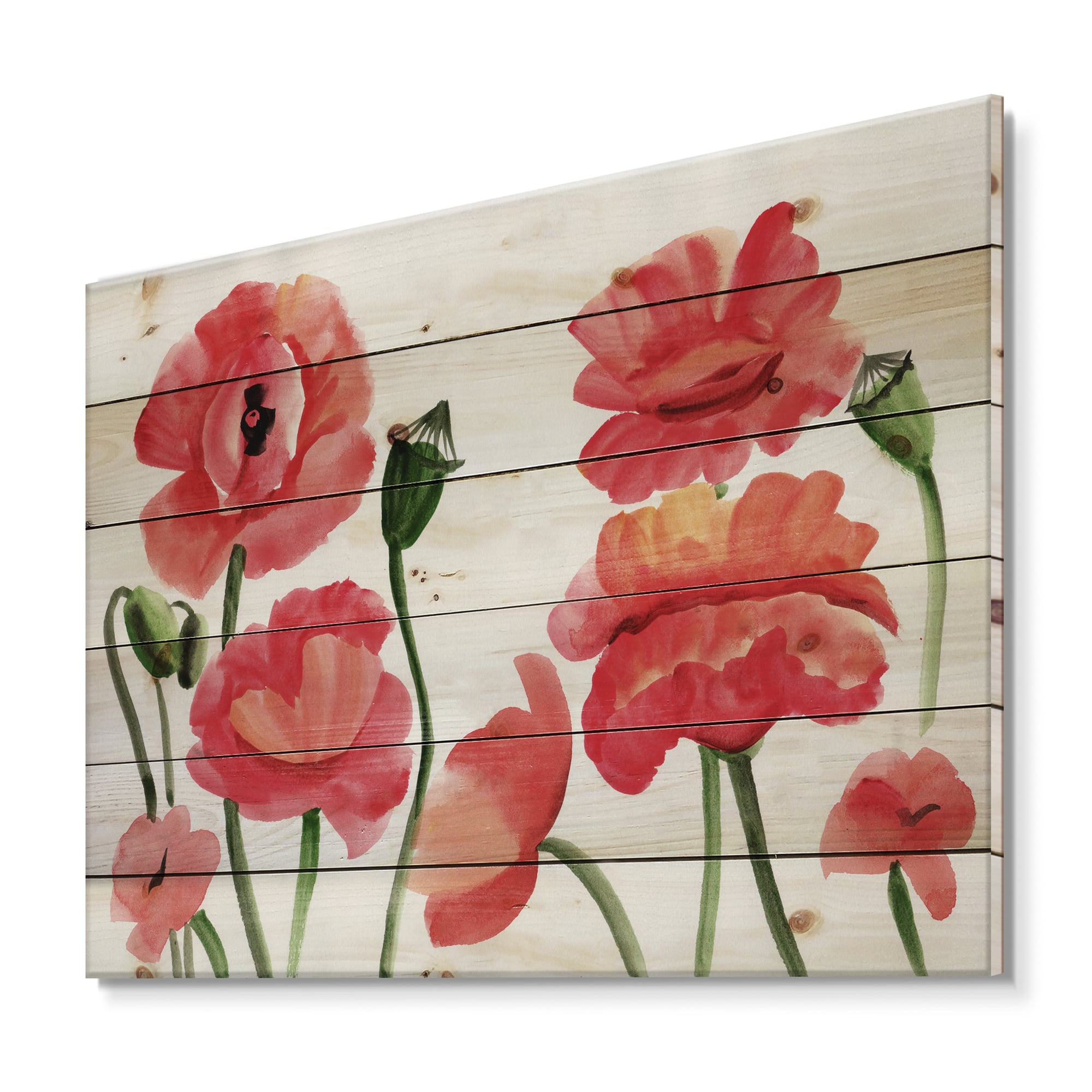 Designart - Vintage Red Poppies I - Traditional Print on Natural Pine Wood
