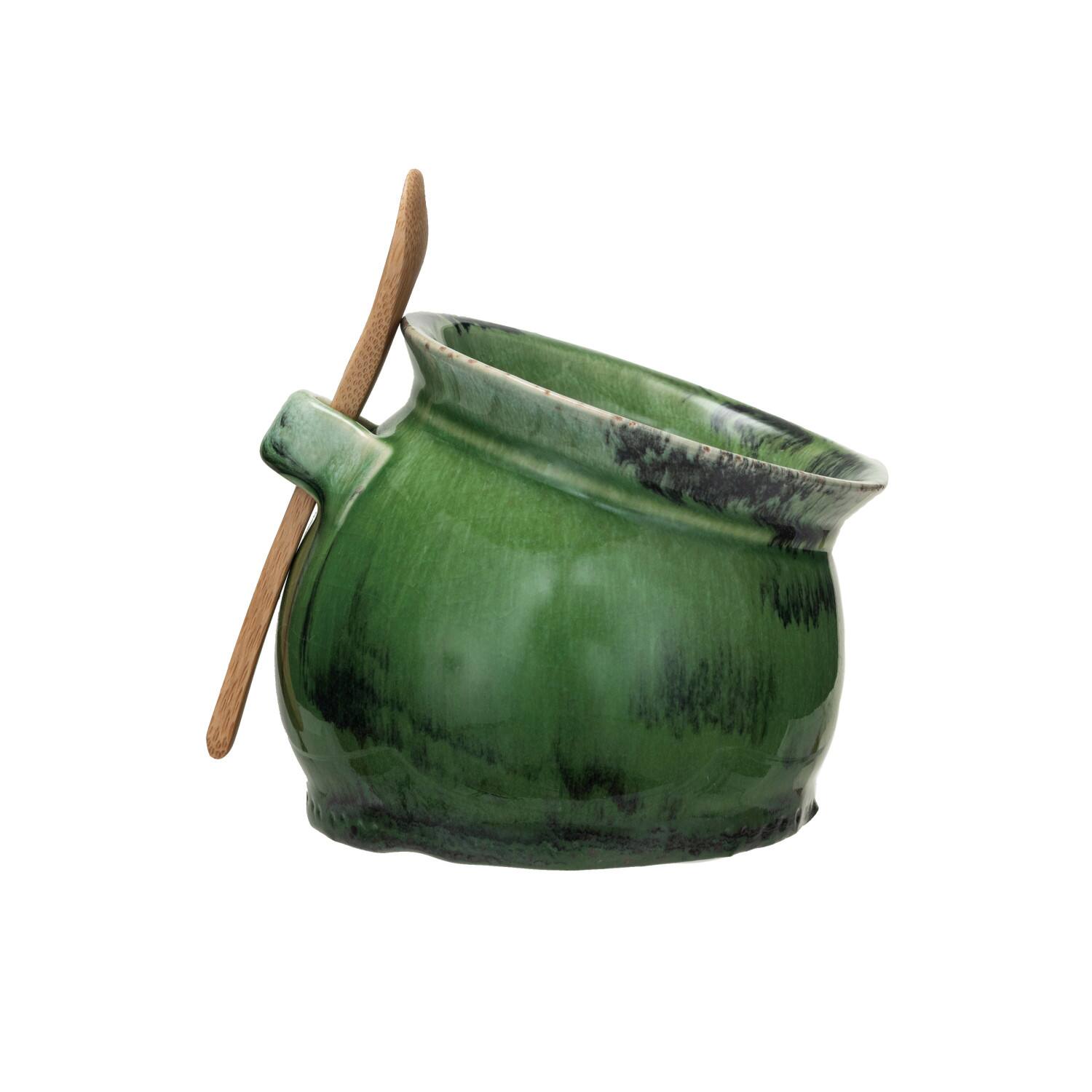 4&#x22; Green Stoneware Salt Dish with Acacia Wood Spoon