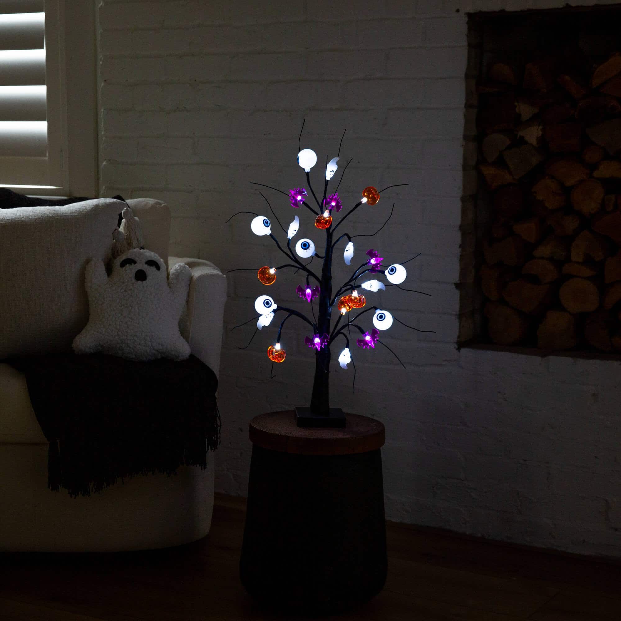 2ft. Pre-Lit Artificial Halloween Eyeballs, Ghosts, Bats &#x26; Pumpkins 24 LED Lighted Ornament Tree