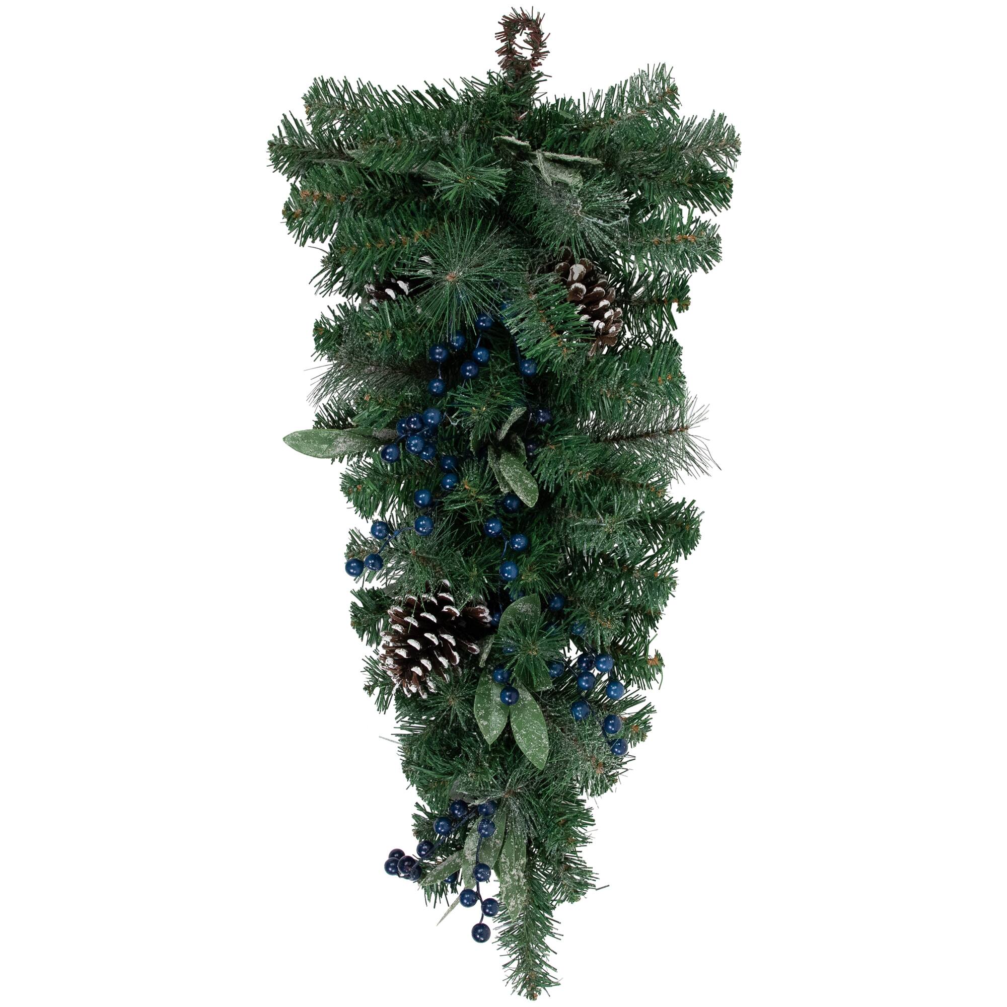 28&#x22; Unlit Mixed Pine, Blueberries &#x26; Snowy Pine Cones Teardrop Swag