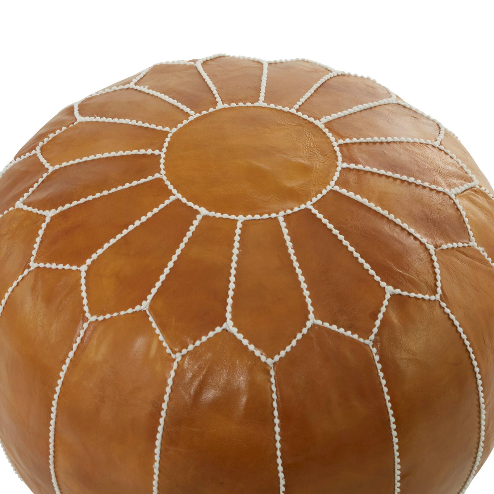 Light Brown Leather Bohemian Pouf, 24&#x22; x 24&#x22; x 18&#x22;