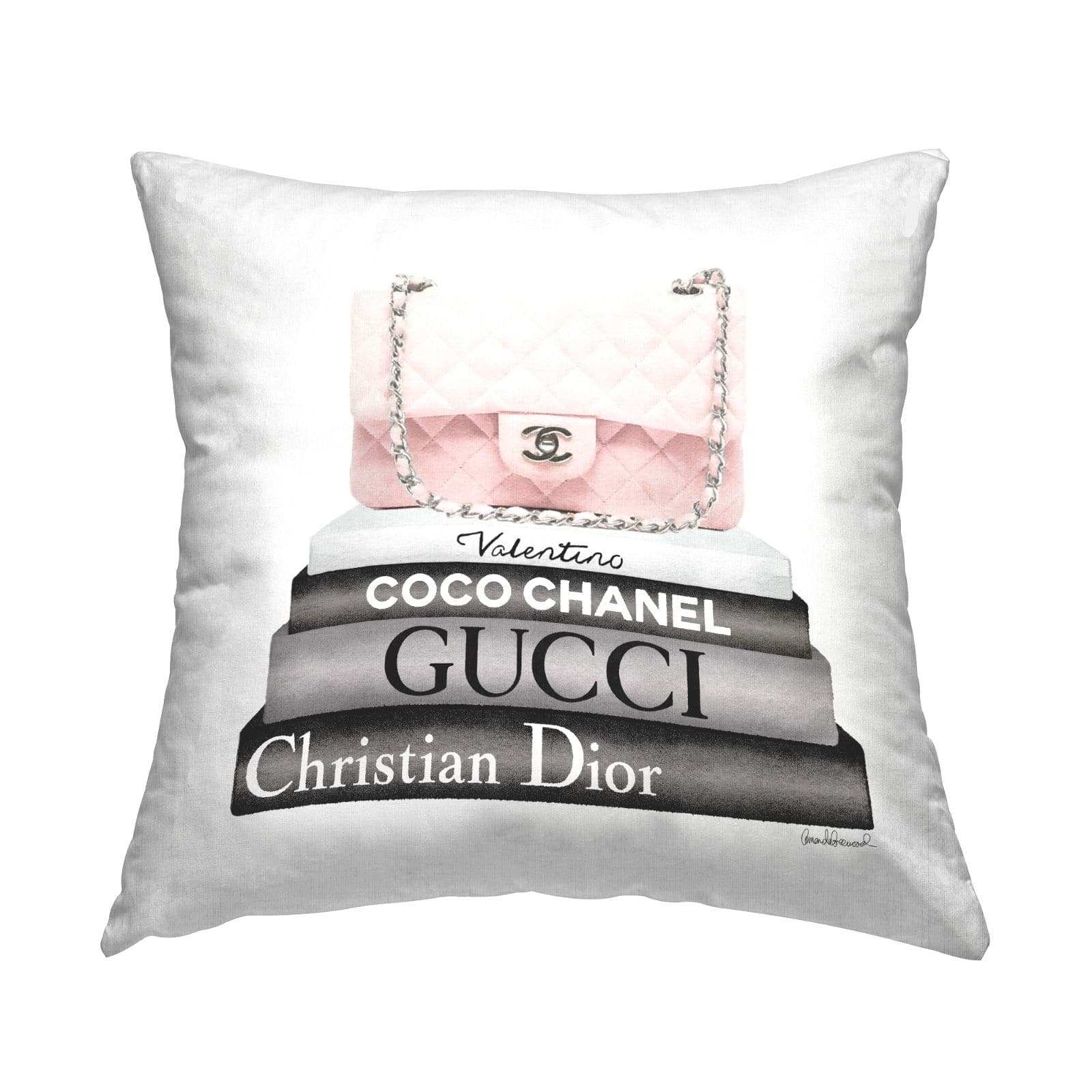 Stupell Industries Pastel Pink Designer Purse Glam Bookstack Throw Pillow, 18" x 18"