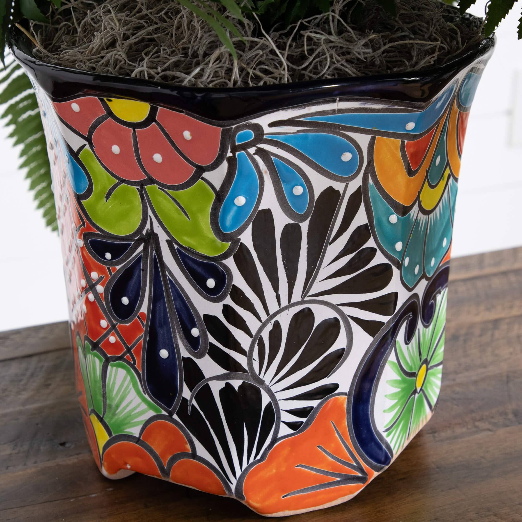 21" Artificial Boston Fern in Handmade Mexican Talavera Ceramic Planter