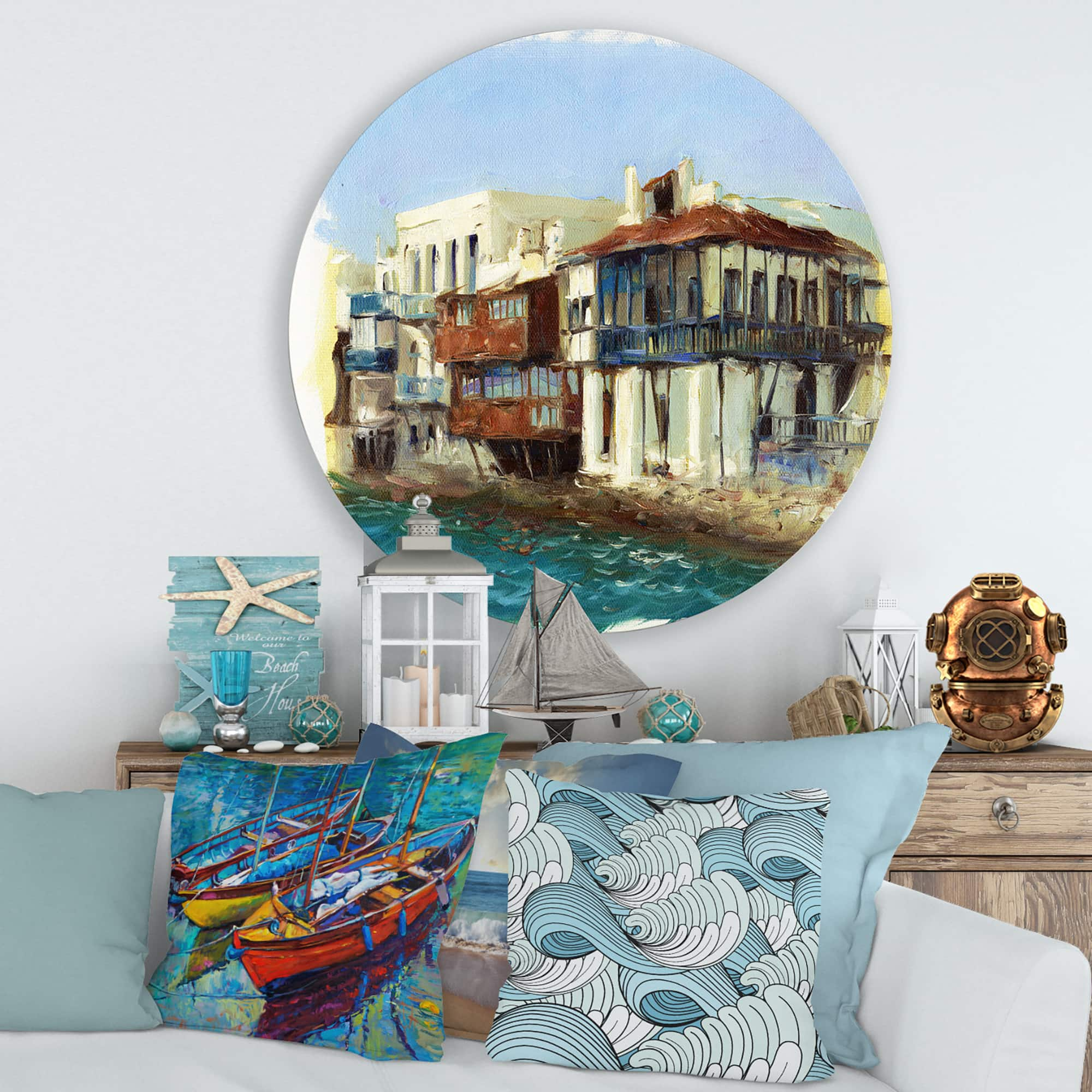 Designart - Old Houses On The Island of Mykonos Greece - Nautical &#x26; Coastal Metal Circle Wall Art