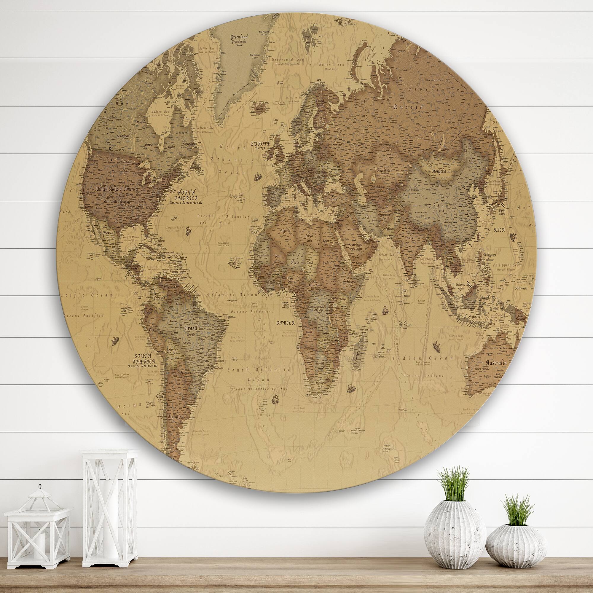 Designart - Ancient Map of The World III - Vintage Metal Circle Wall Art