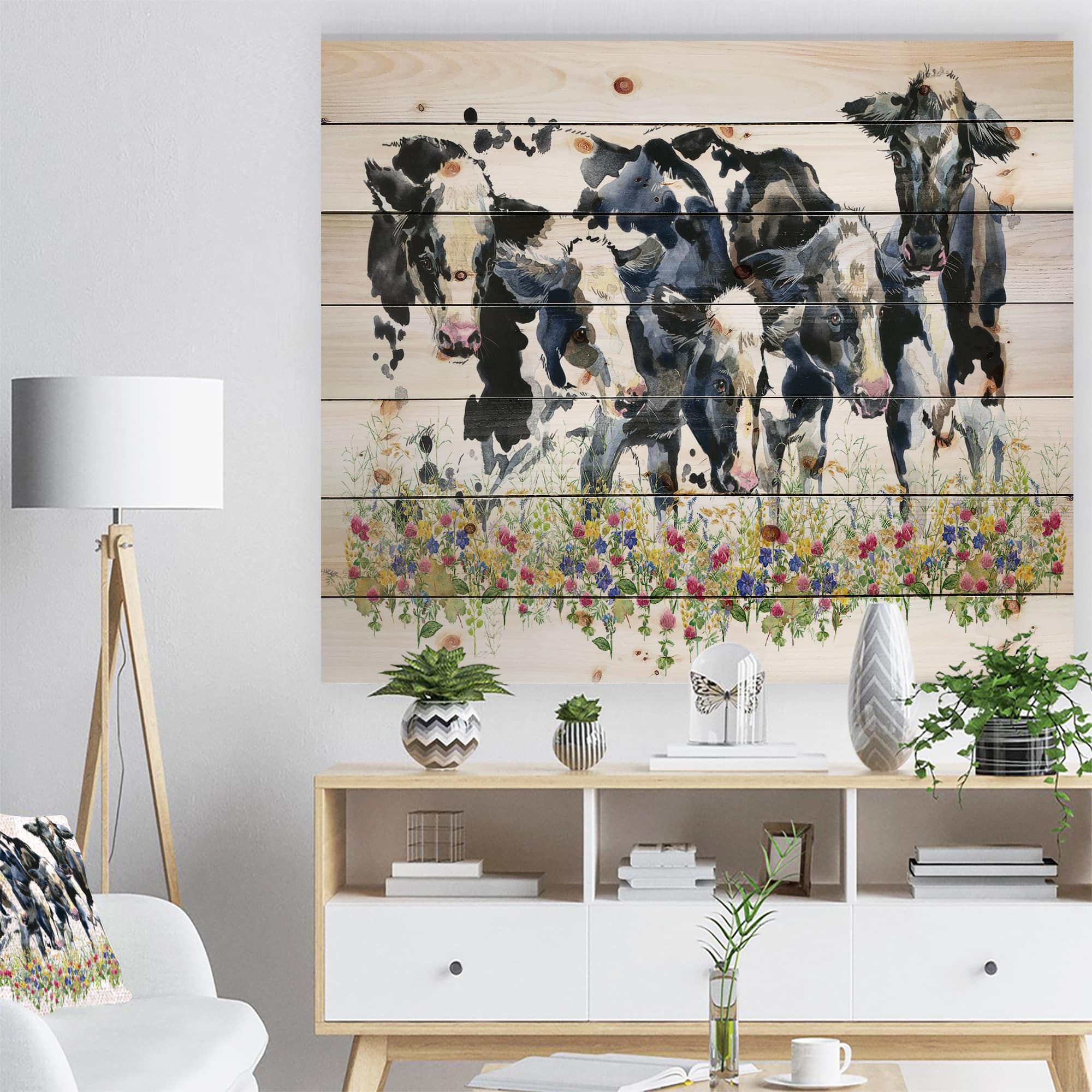 Designart - Dairy cow on field - Farmhouse Animal Painting Print on Natural Pine Wood