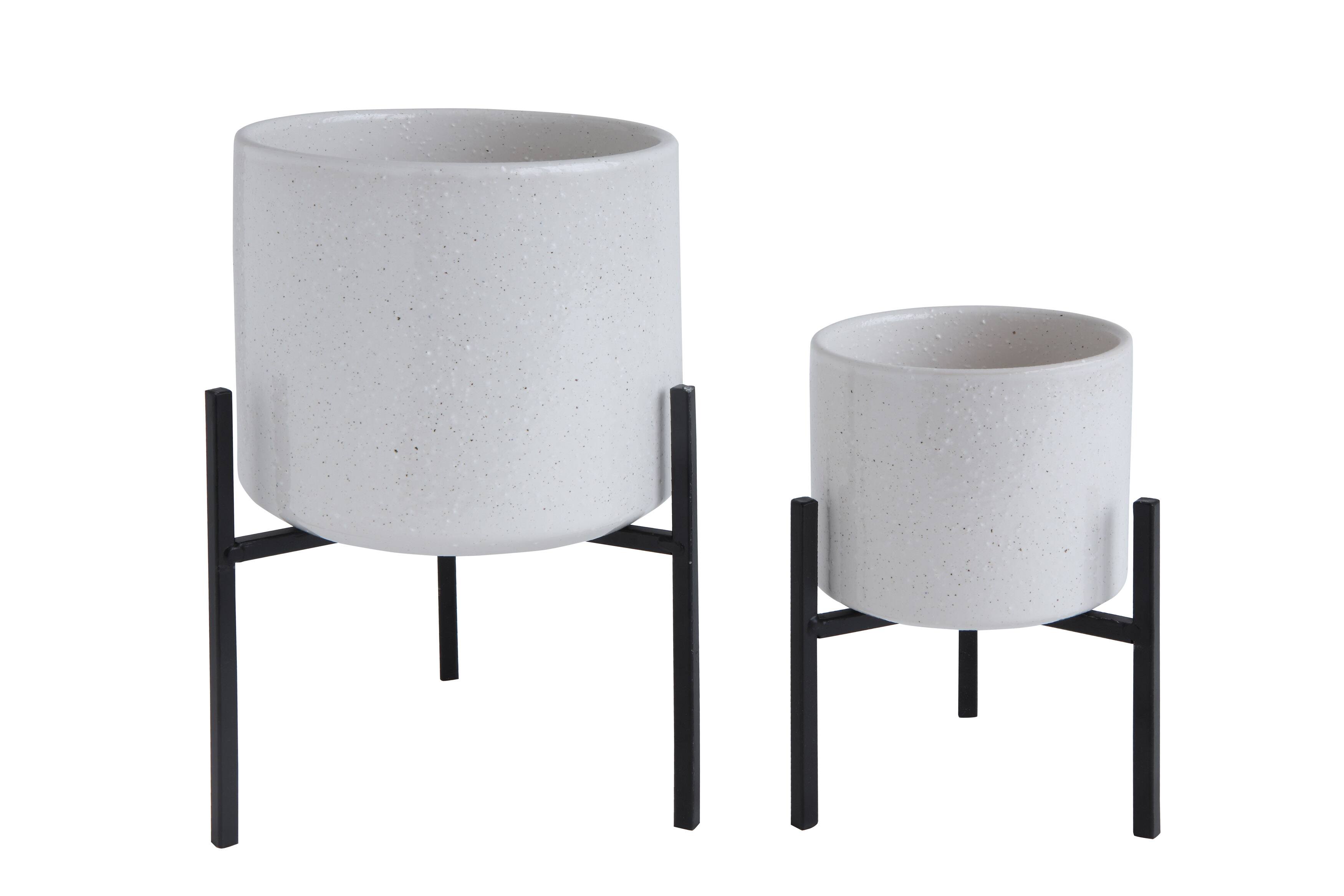 Hello Honey&#xAE; 8&#x22; White Stoneware Flower Pot with Black Metal Stand