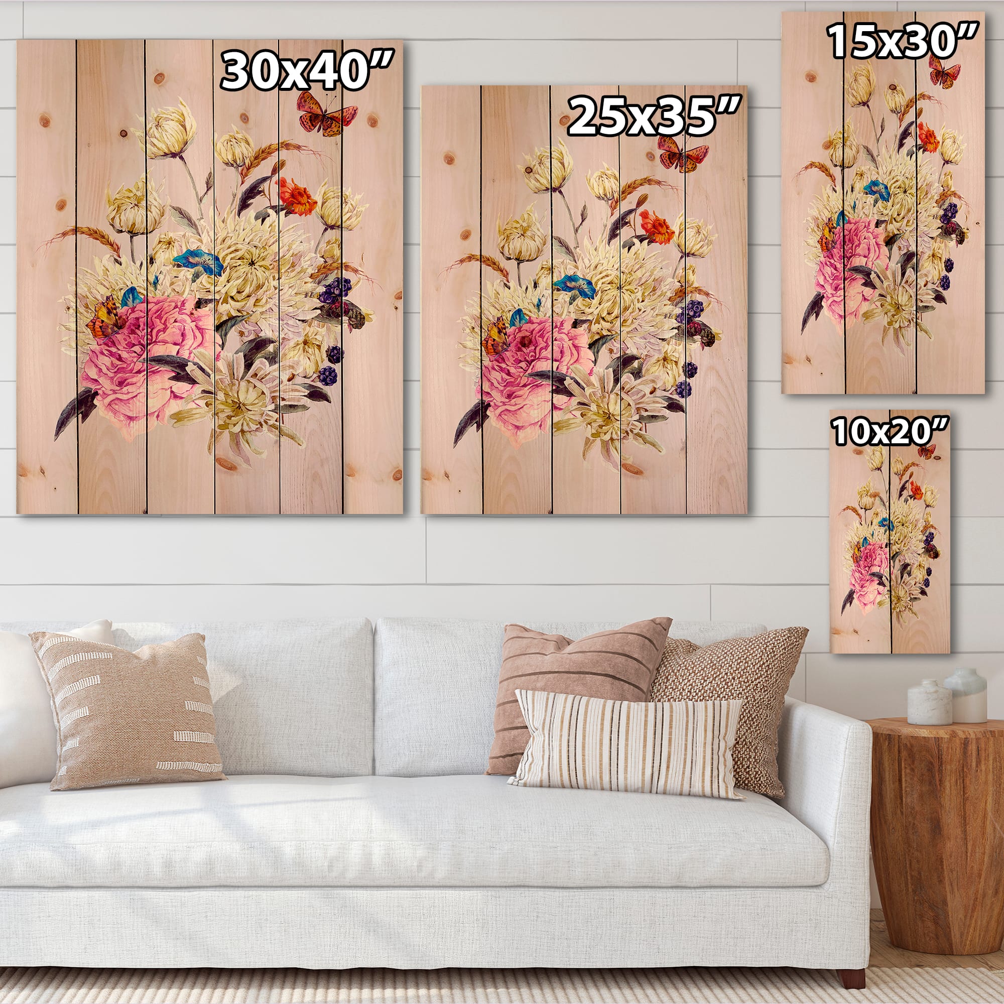 Designart - Vintage Bouquet With Chrysanthemums I - Traditional Print on Natural Pine Wood