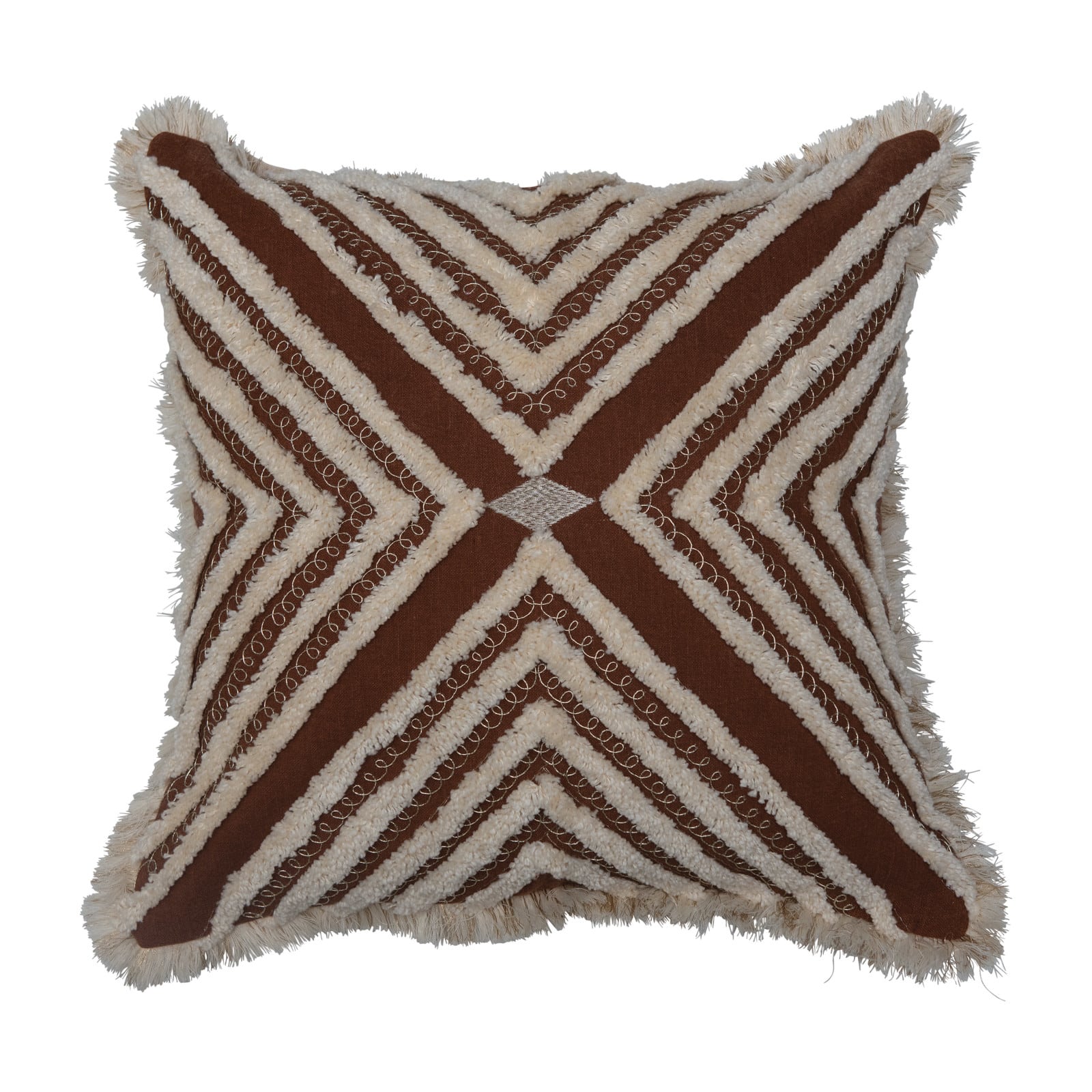Rustic Boho X-Pattern Pillow with Fringe &#x26; Metallic Embroidered Accents