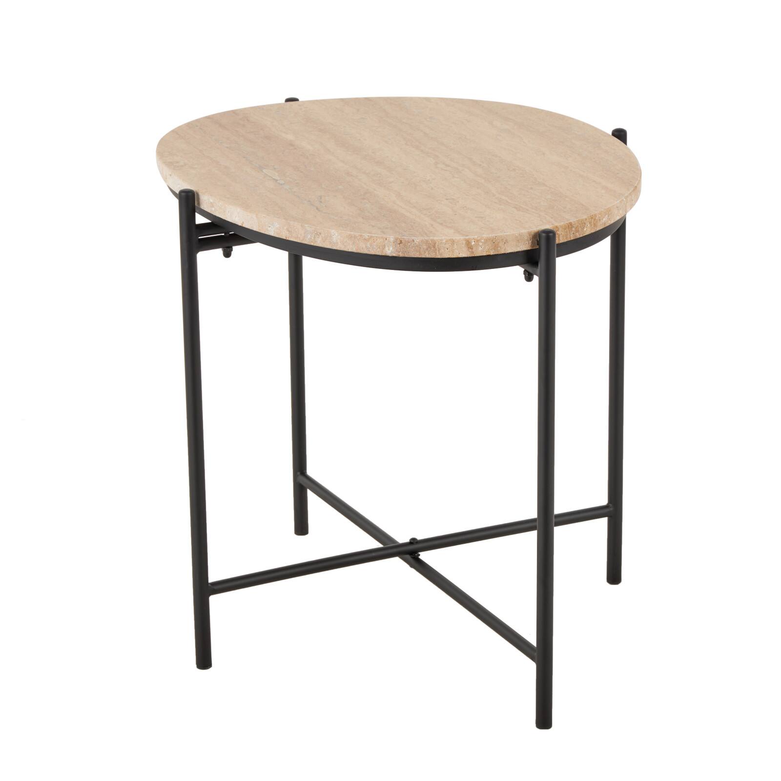 19.75" Beige Marble Accent Table with Black Metal Support