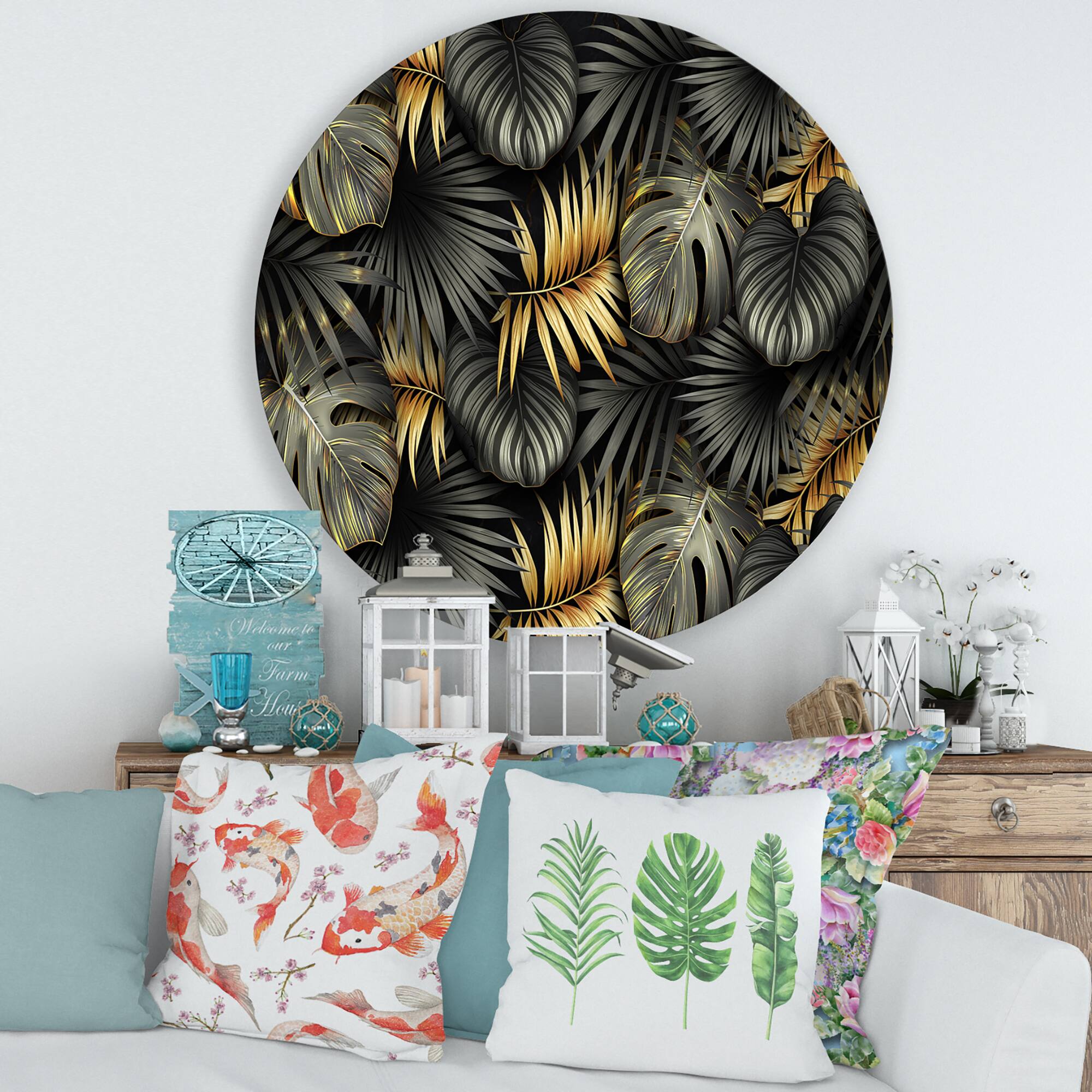Designart - Black and Gold Tropical Leaves II - Modern Metal Circle Wall Art