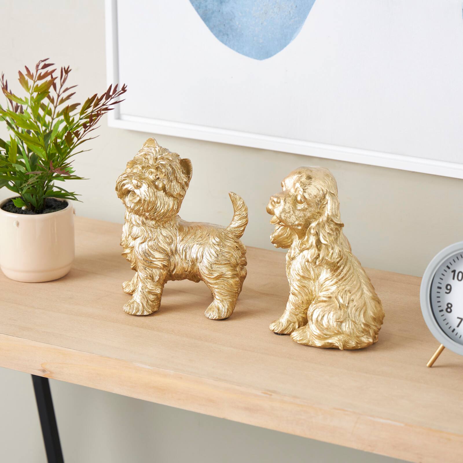 Gold Sitting & Standing Dogs Polystone Sculpture Set