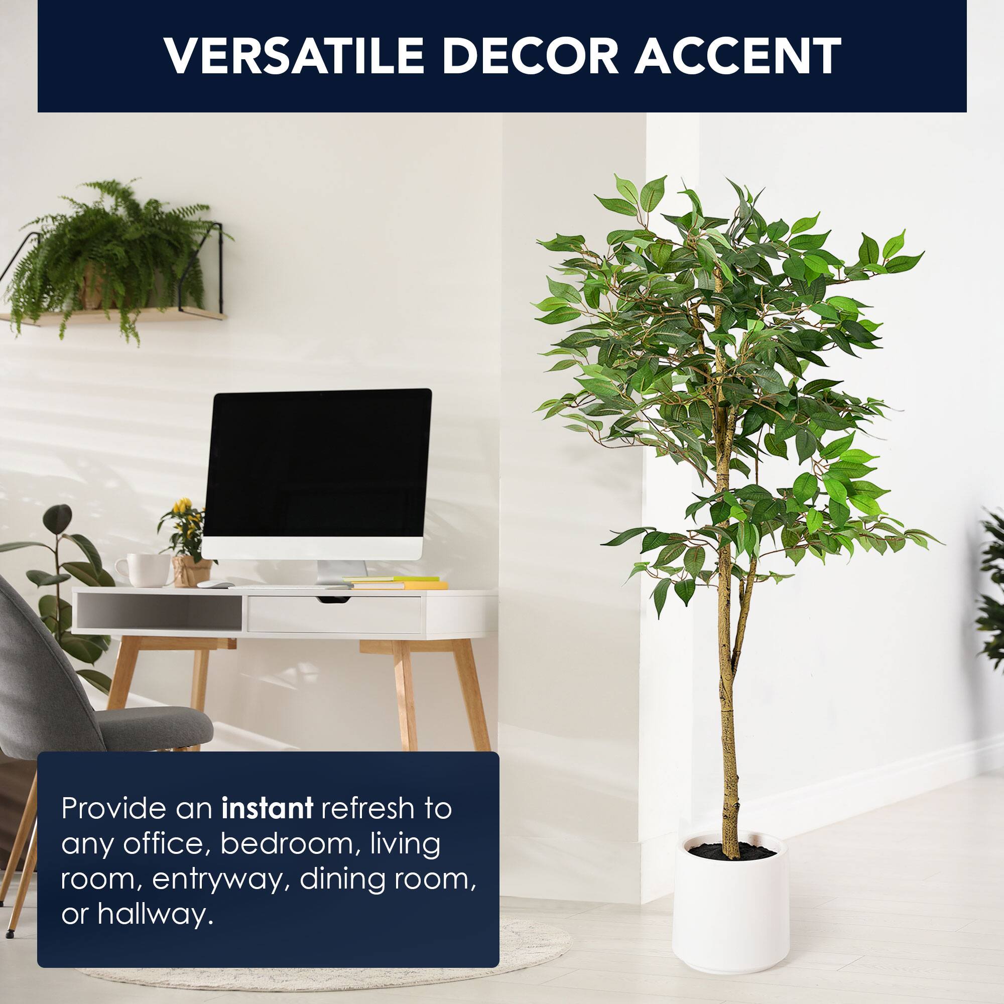 American Art Decor 5ft. Realistic Artificial Ficus Tree Faux Plant in White Pot 