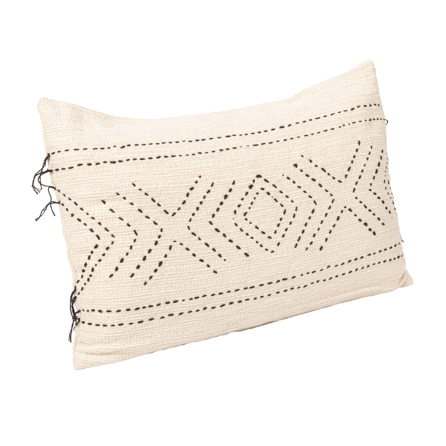 Hello Honey® Natural & Black Hand-Embroidered Cotton Lumbar Pillow with Kantha Stitch