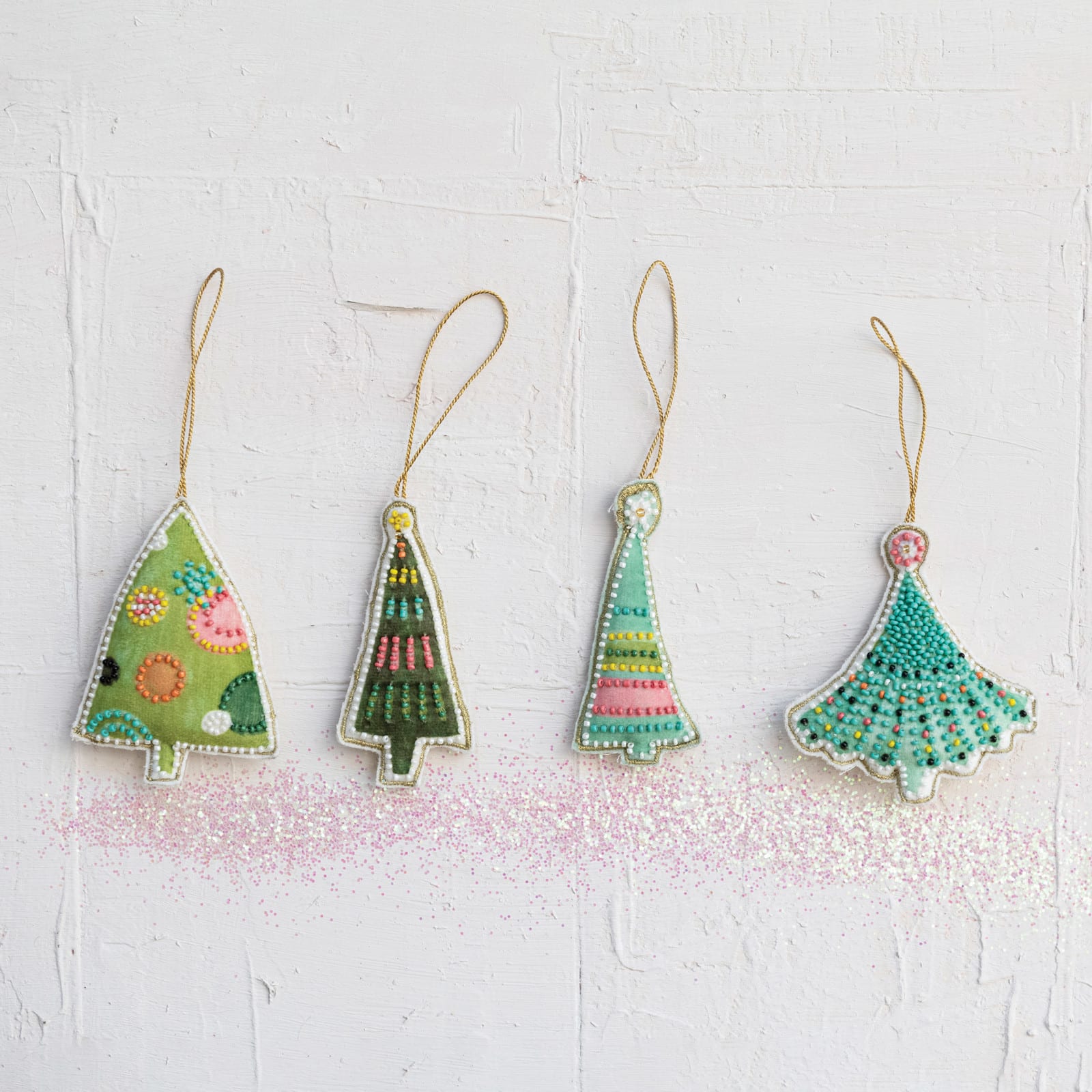 Hello Honey&#xAE; 4 Pack Bead Embroidered Christmas Tree Cotton Velvet Ornaments