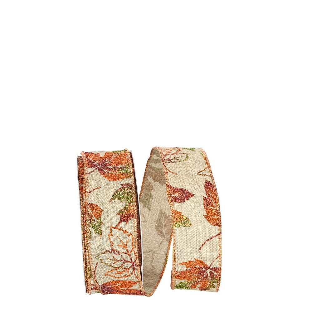 JAM Paper 1.5&#x22; Faux Linen Wired Glitter Leaves Ribbon